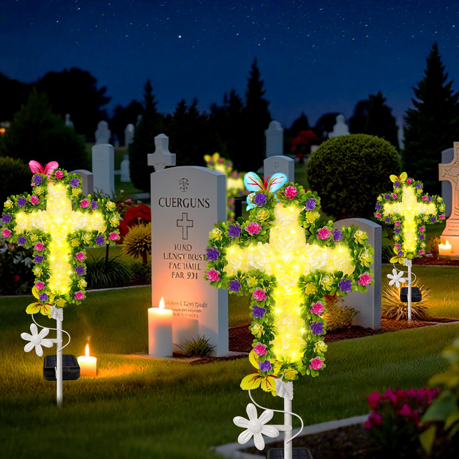 YJFWAL Solar Flower Cross - Cemetery Grave Decoration, Warm White Fabric, Model: White Flower Cross-1