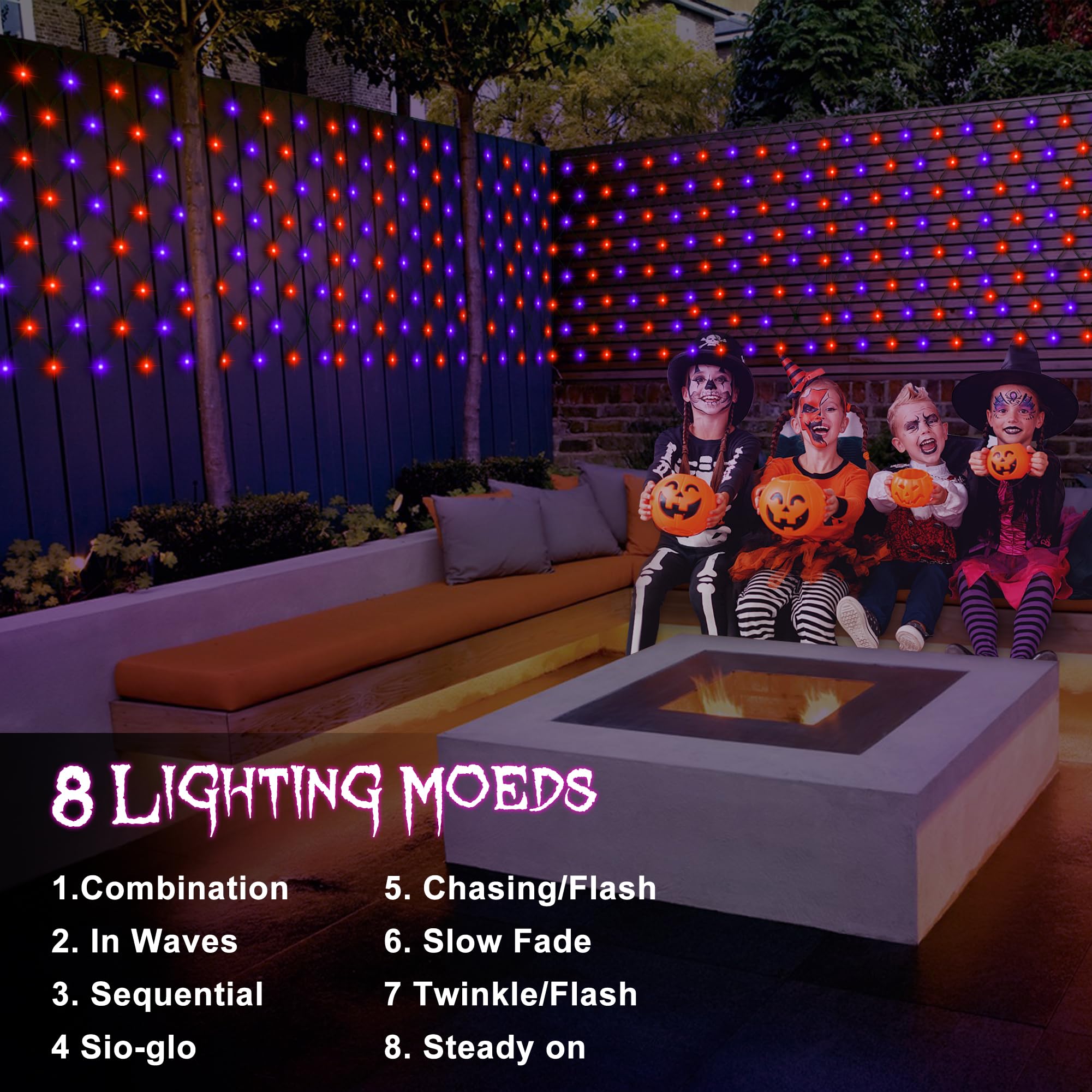 echosari Halloween Net Lights, 100 LED, Battery Operated, 5ft ×5ft, Purple Orange, Model 3AA-100NetL, Remote Timer, Dimmable