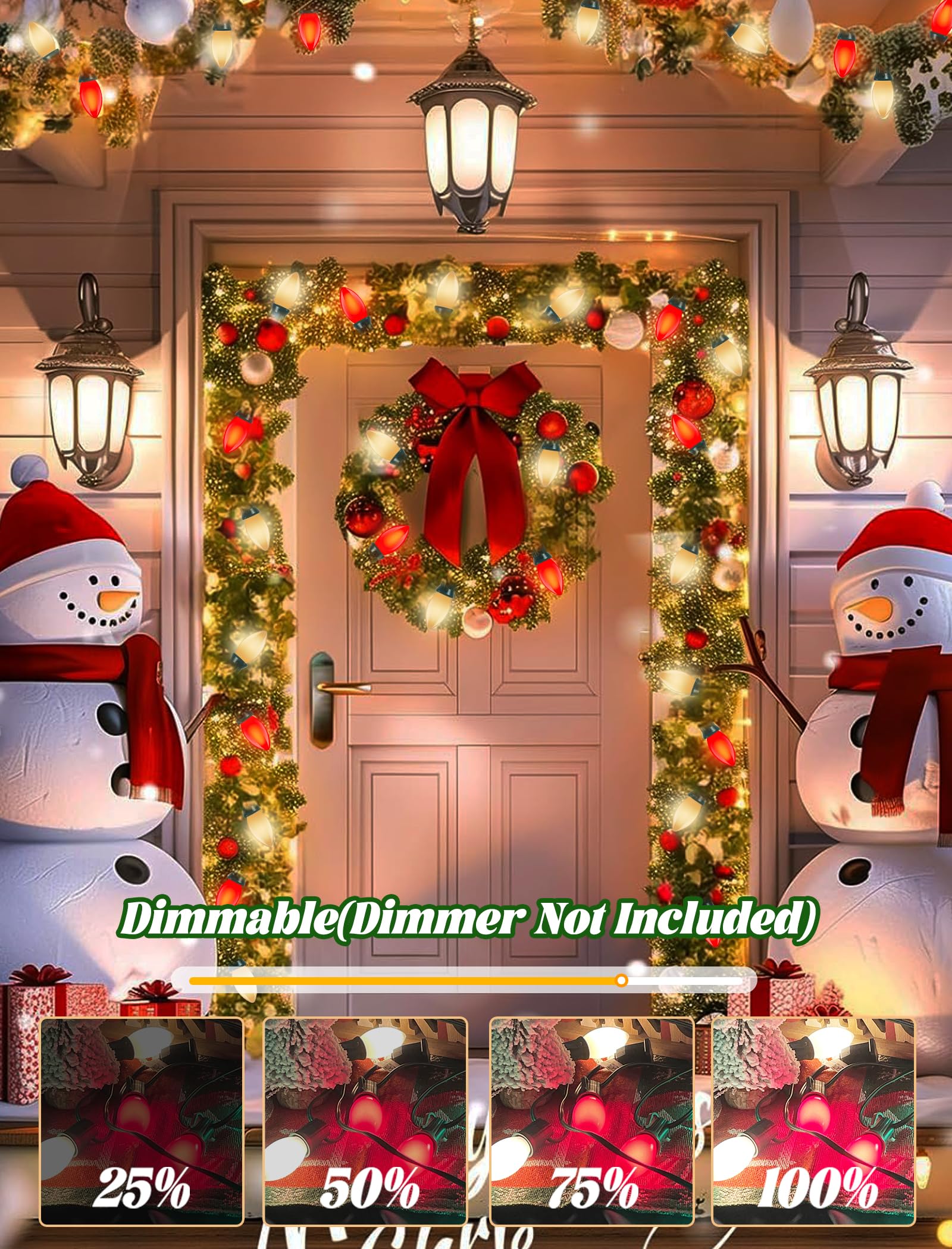 25Ft Led C9 Red And White Christmas Lights Outdoor, C9 Vintage Christmas Lights With 26 Led Red And White Bulbs, Hanging Outdoor