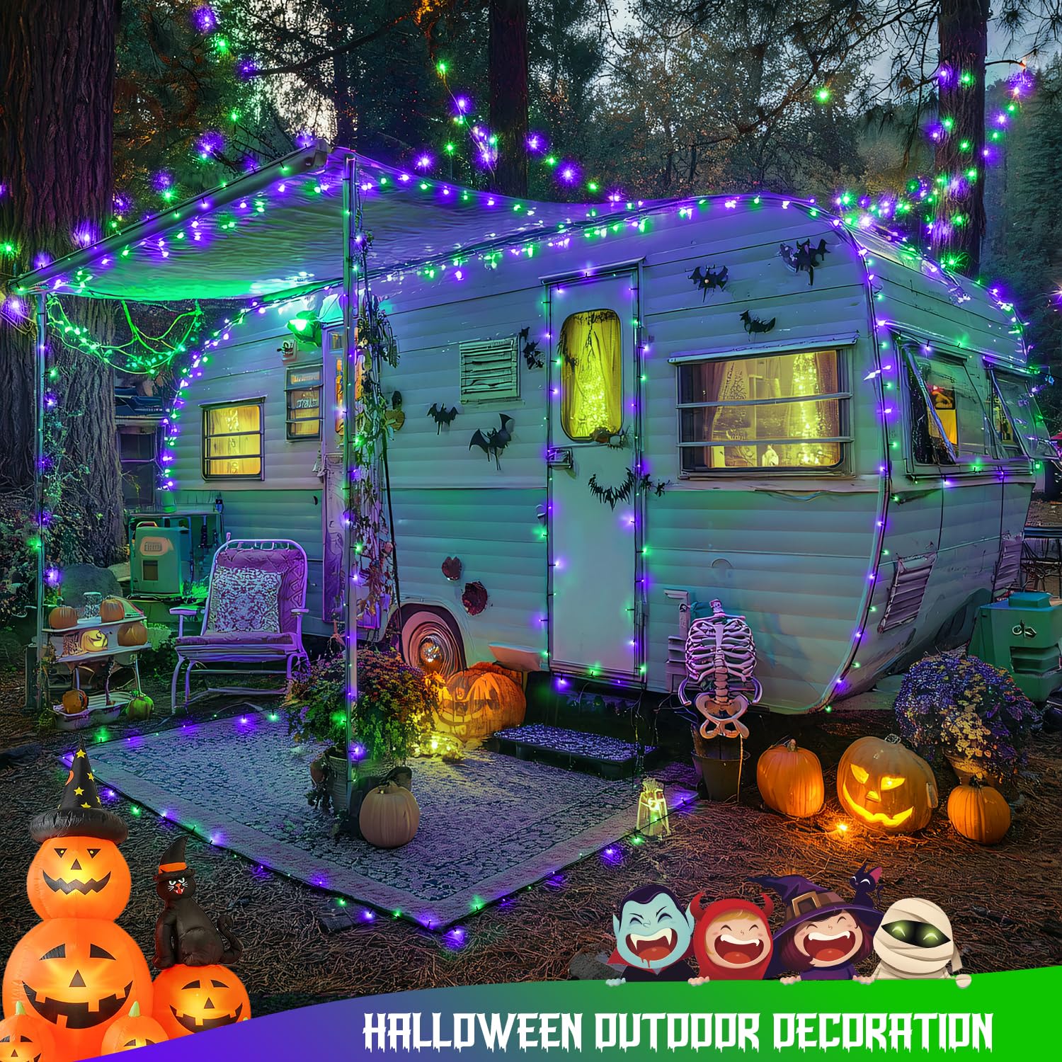 JMEXSUSS Halloween String Lights, 200 LED, 66ft Connectable, Purple and Green, 8 Modes, Waterproof for Indoor/Outdoor Decor