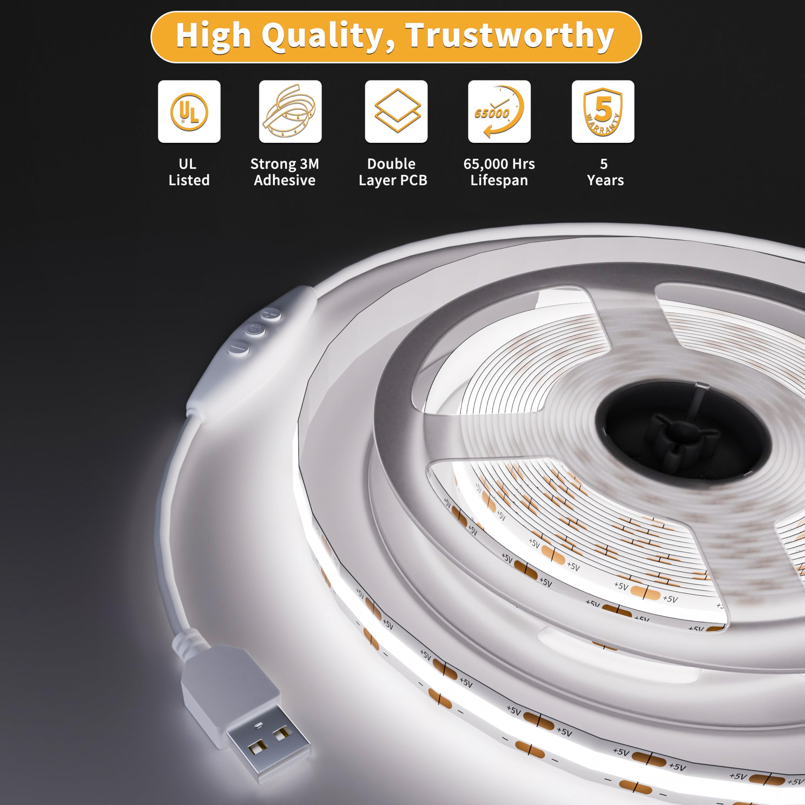 Pautix 5V Usb Cob Led Strip Light 6.56Ft/2M 1200Lm, Dimmable 640Leds 6000K Daylight White Cri90+ With Rf Remote Tv Backlight,Fle