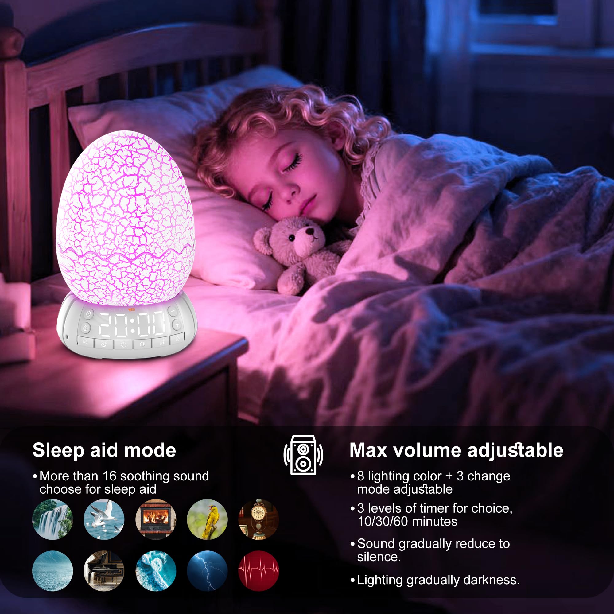 MTDYHY Dinosaur Egg 4-in-1 Clock Lamp Bluetooth Speaker Night Light - Multicolored Acrylic EGG-01