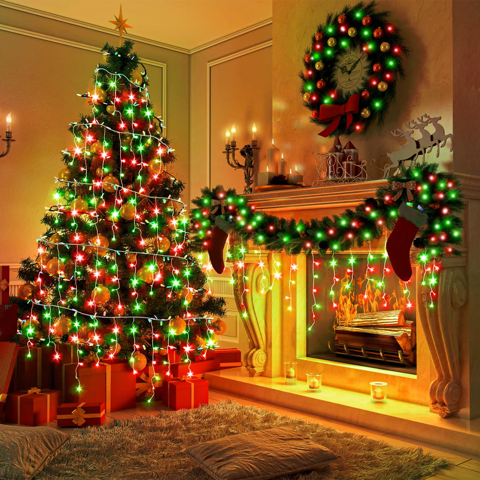 66Ft Icicle Lights For Outside, Red And Green Christmas Lights Outdoor Indoor, 640 Led Twinkle String Lights With 120 Drops, Cle