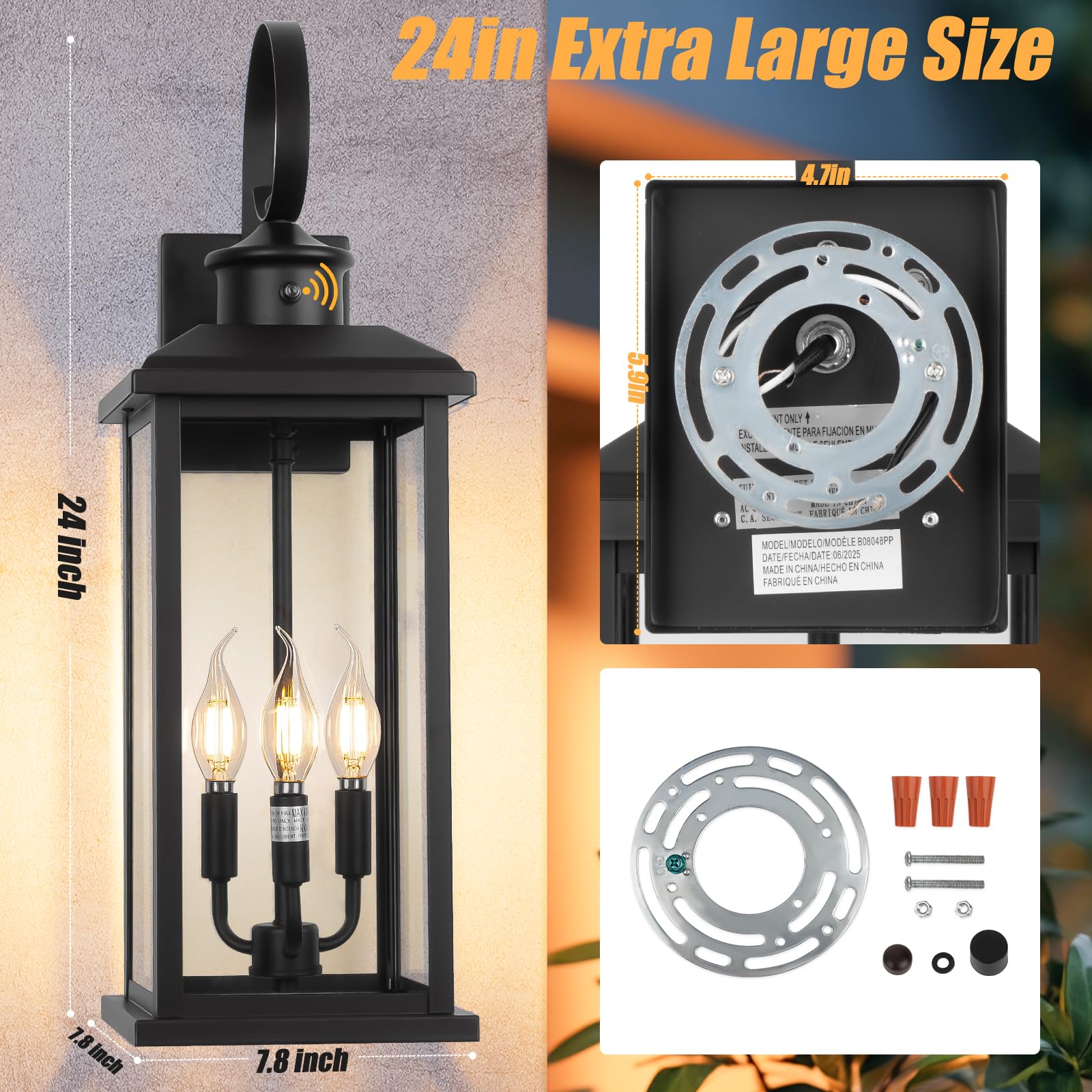 Siafavoi 24 Dusk To Dawn Porch Lights Outdoor 3-Light  Black Modern Large Wall Light Fixture Lantern  Waterproof Exterior Lighting Sconce Wall Mount  Outside Lamp For Farmhouse Doorway Patio E12
