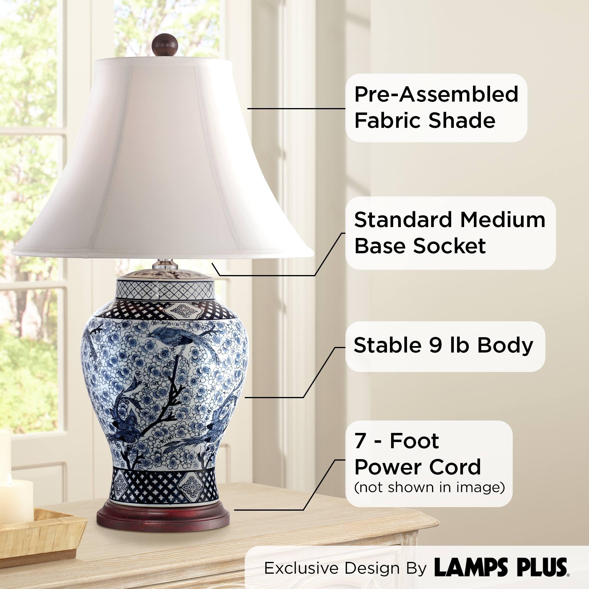 Barnes and Ivy 27" Tall Asian Ginger Jar Table Lamp - Blue White Porcelain with Bird and Branch Bell Shade for Living Room Bedroom Nightstand