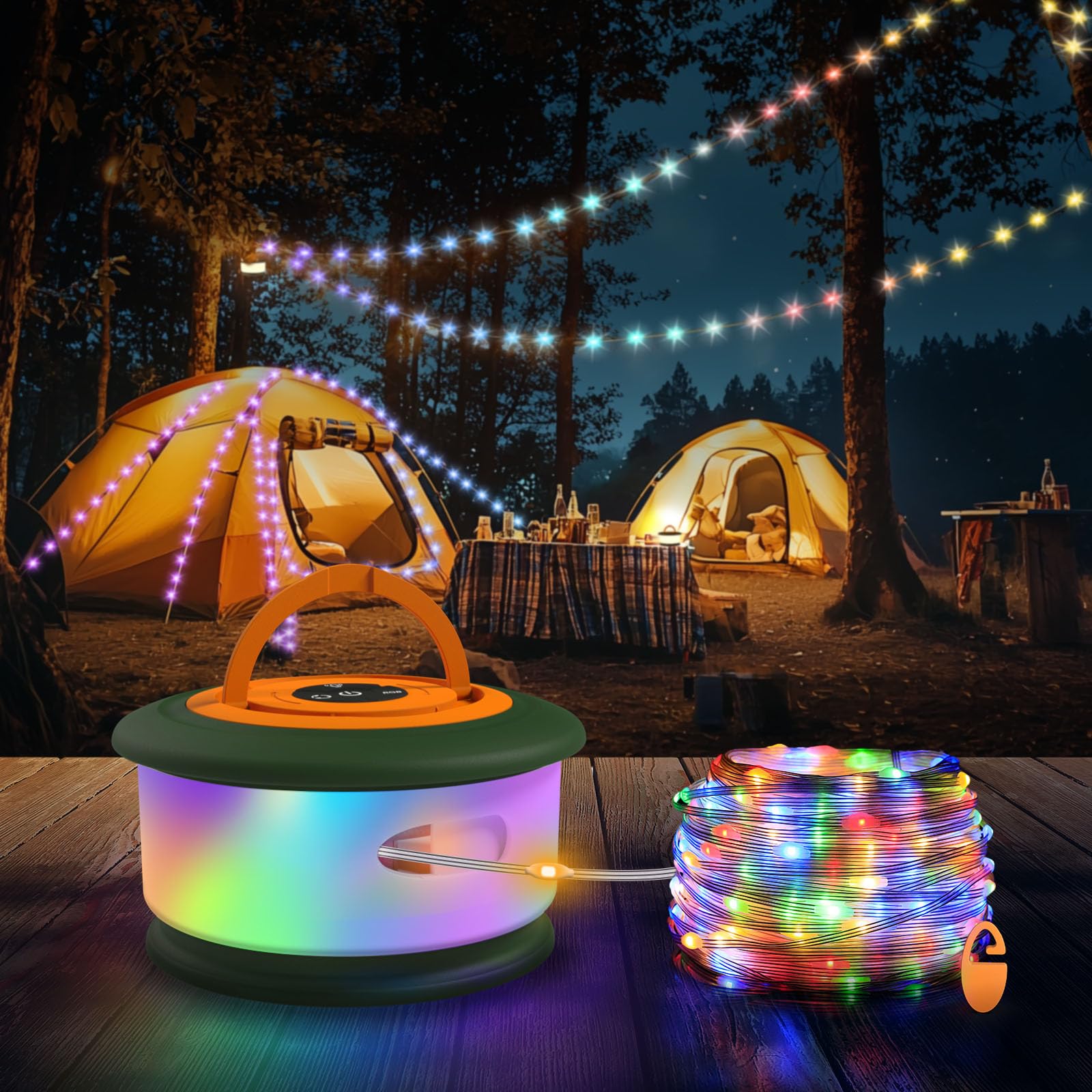 TOHETO Camping String Lights, 3-in-1 RGB Lantern, 32.8 FT, 19 Modes, Rechargeable, Green & Orange, Model JSK-L26