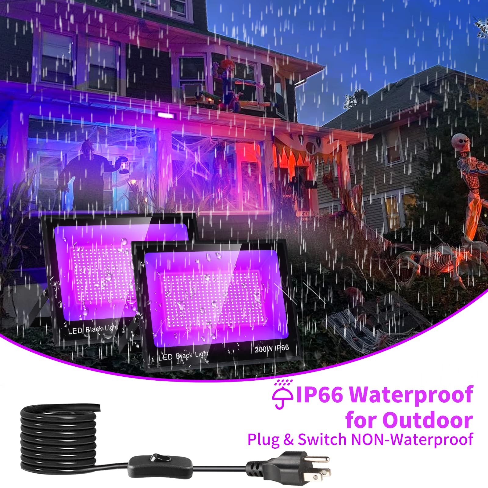 ISUERFY LED Black Light Flood Light 200W 2 Pack, IP66 Waterproof, 10ft Cable, Violet, Model SUER-FL200W-2-NEW