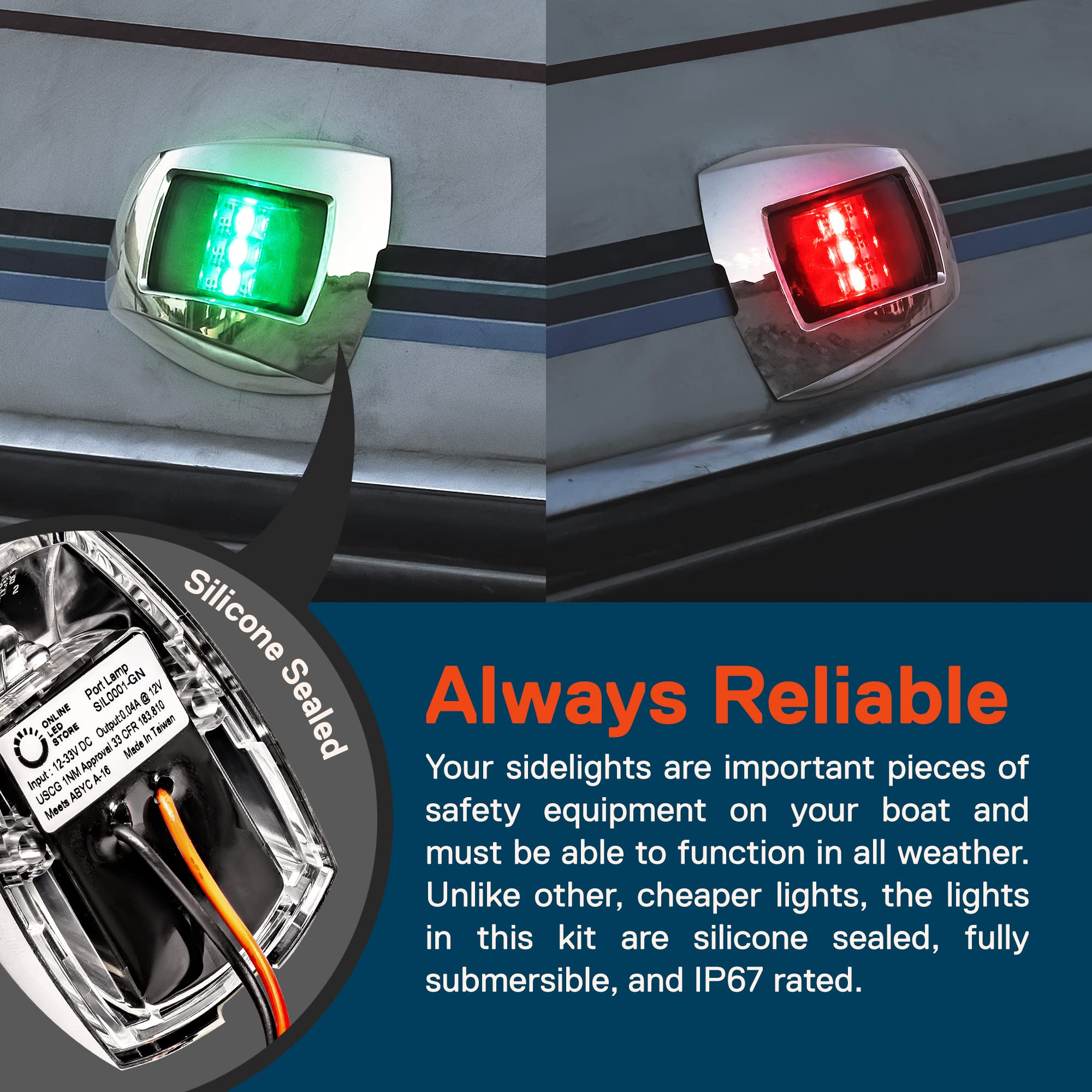 ONLINE LED STORE TRUE MODS Red Green Marine Navigation Light for Boats [USCG ABYC A-16 1NM] [IP67 Waterproof] [Chrome & ABS] 1 N