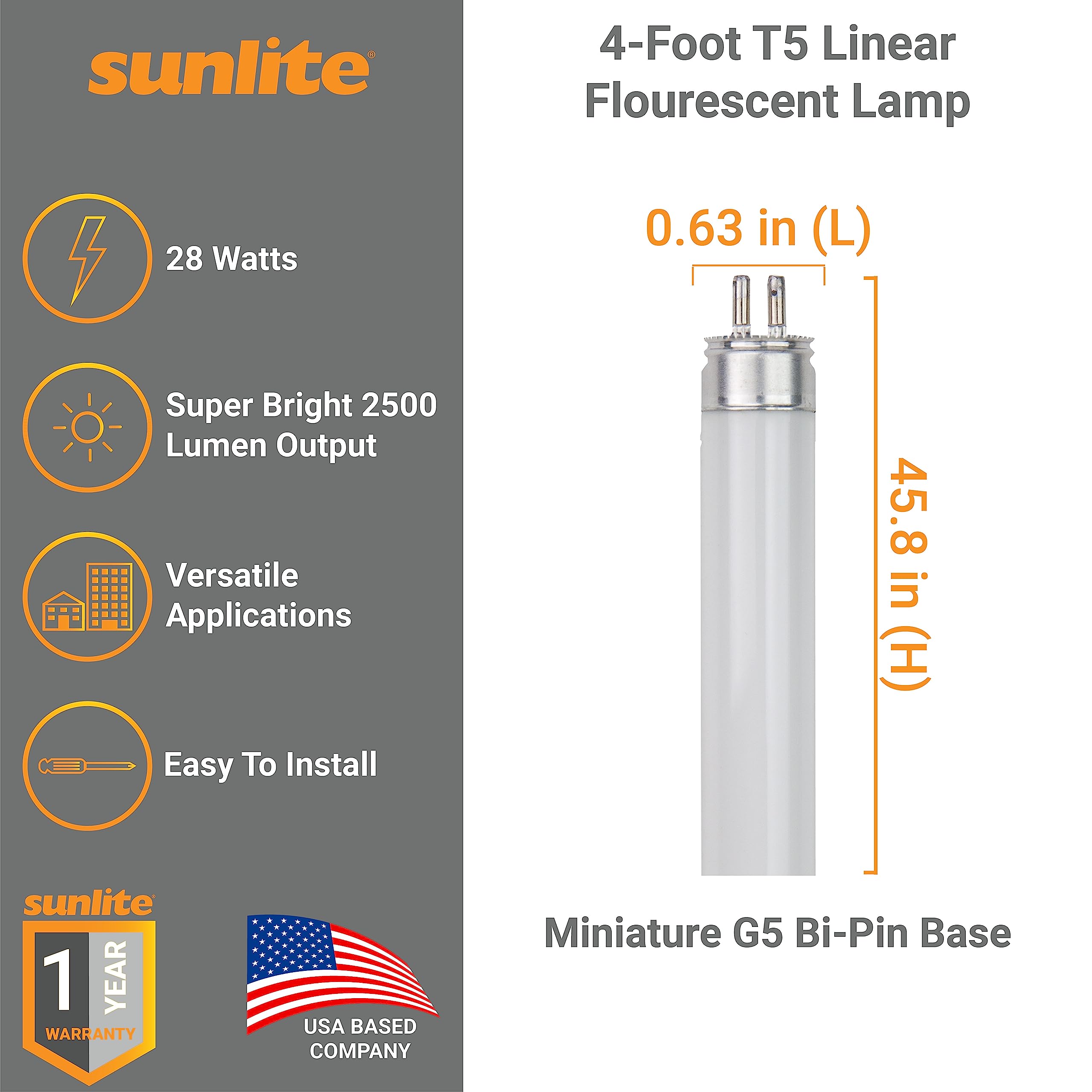Sunlite 30335 F28T5/835 4 Foot T5 Linear Fluorescent Lamp, 28 Watts, 2500 Lumens, 3500K Neutral White, Miniature G5 Bi-Pin Base,
