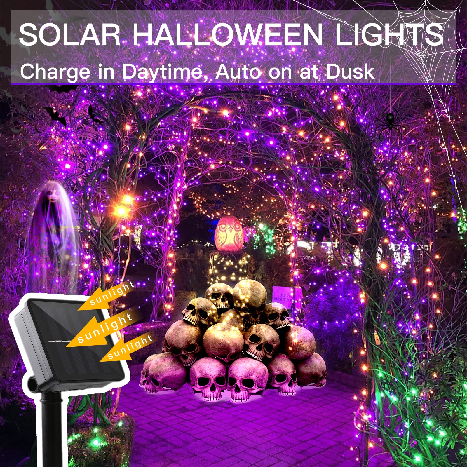 Suddus Halloween String Lights Solar Powered, 2 Pack Total 66Ft 200 Led Purple Solar Lights Outdoor Waterproof, 8 Modes Purple Halloween Lights For Porch Tree Garden Patio Yard Party Decorations