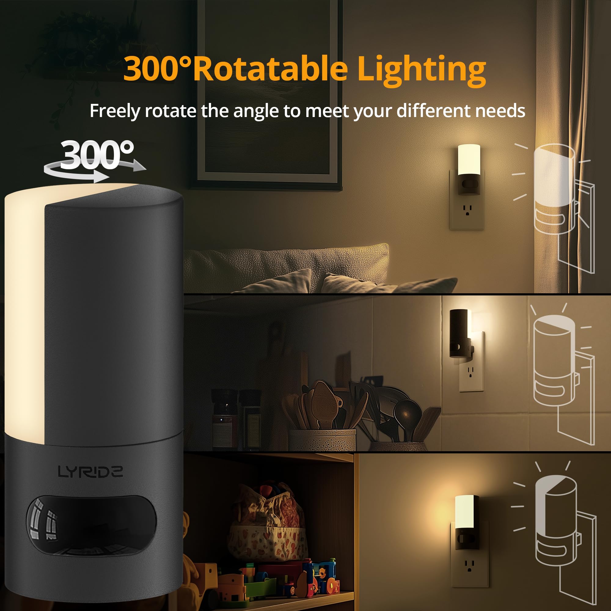 Lyridz Plug-in LED Night Light with Motion Sensor, Dimmable, Warm White, Small, Model A5105, 2 Pack