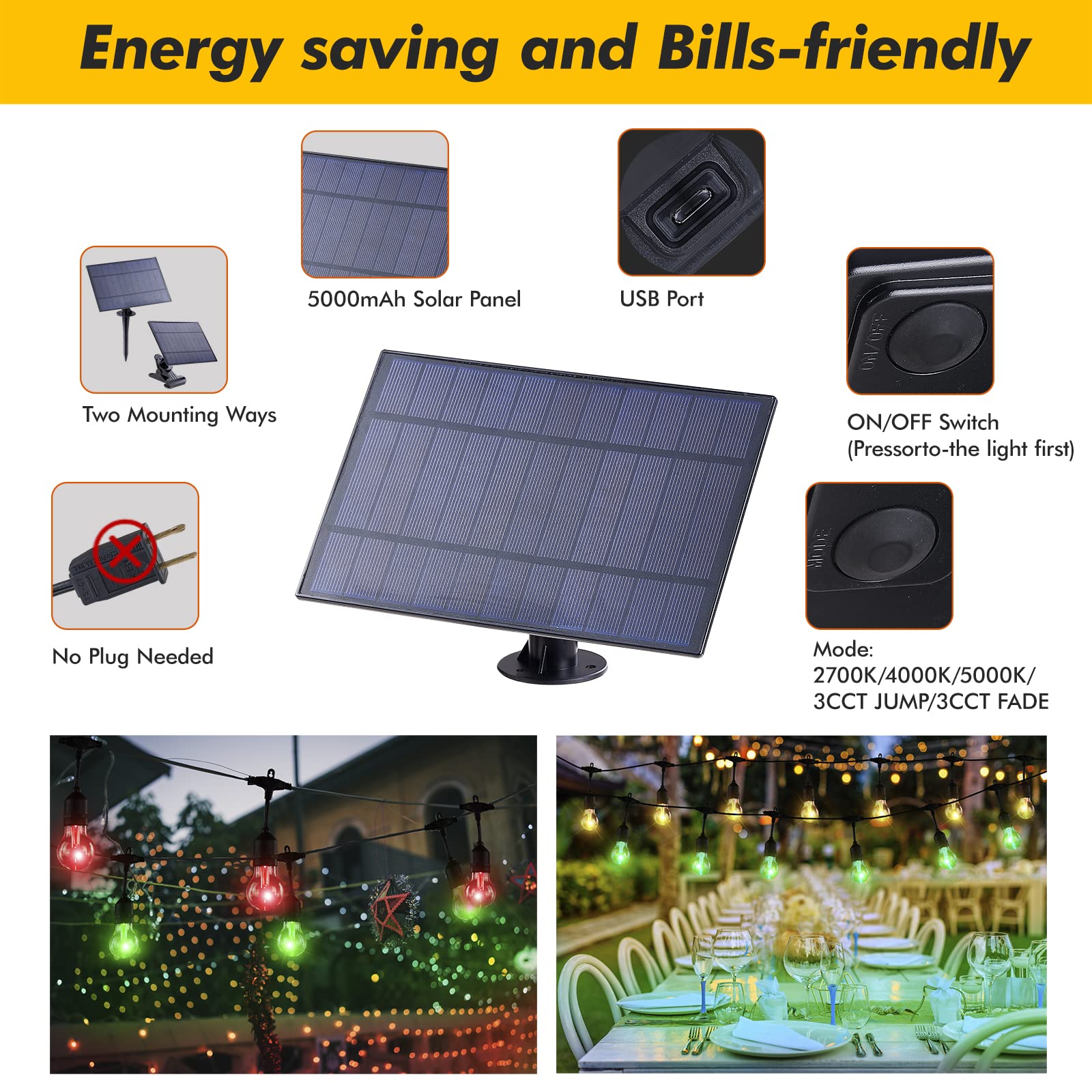 Auroraworld Outdoor String Lights Rgb, 48Ft Dimmable Patio String Lights With Shatterproof Edison Bulbs, Remote, Commercial Solar String Lights For Cafe, Patio, Yard, Party