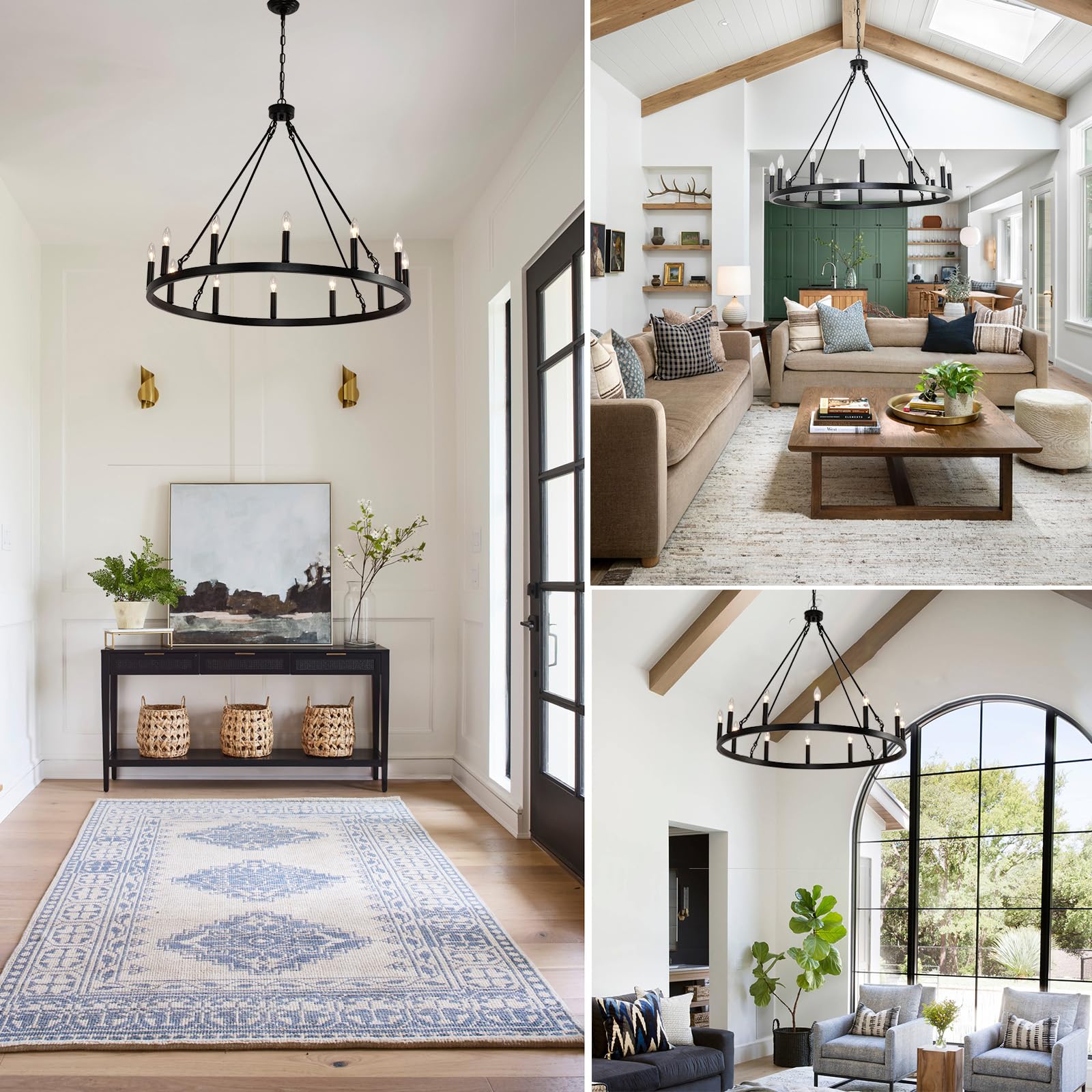 Baoure 38 Inch Black Wagon Wheel Chandelier, 12-Light Farmhouse Industrial Round Wagon Wheel Chandelier For Outdoor Porch Living Room Hallway Foyer