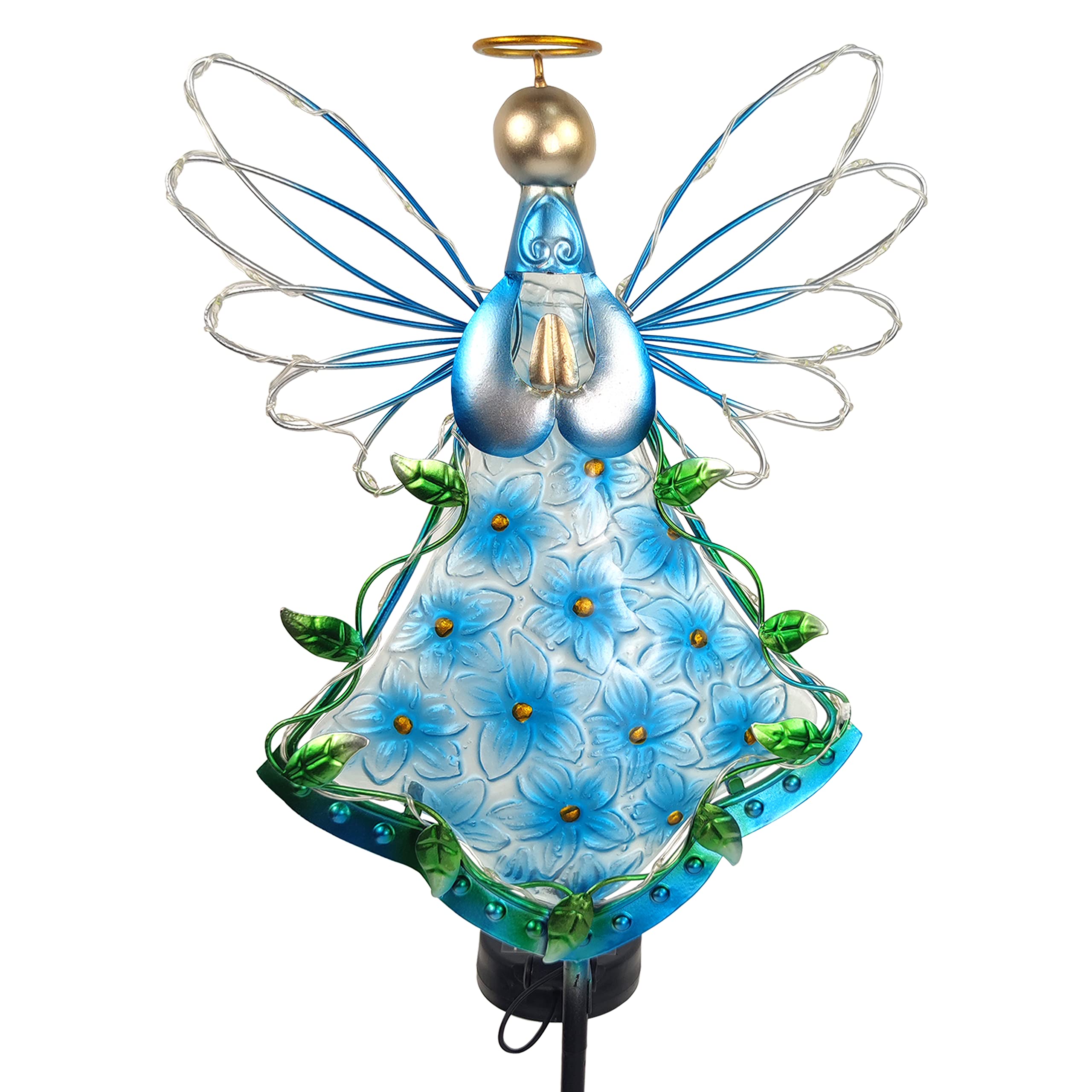 38Inch Angel Solar Lights Outdoor Decorative-Metal&Glass Angel Blue Hydrangea Flower Garden Stake- Waterproof 30 Warm White LED for Remembrance & Sympathy Gifts(Blue)