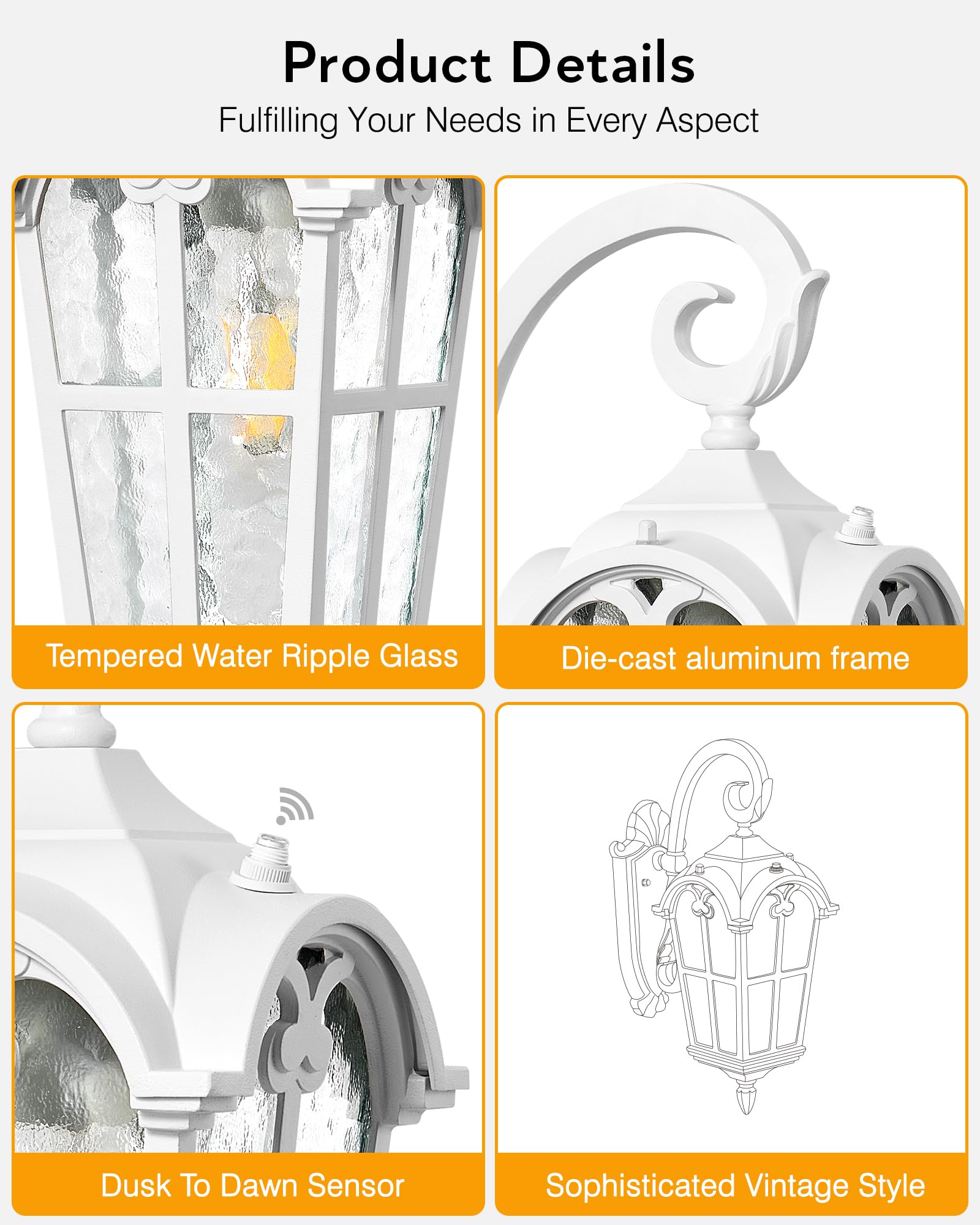 Vianis White Porch Lights Outdoor  Outside Dusk To Dawn Light Fixtures Wall Mount  Exterior Lighting For House With Ripple Glass  Lantern Fixture For Patio Garage Front Coach  Anti-Rust Waterproof