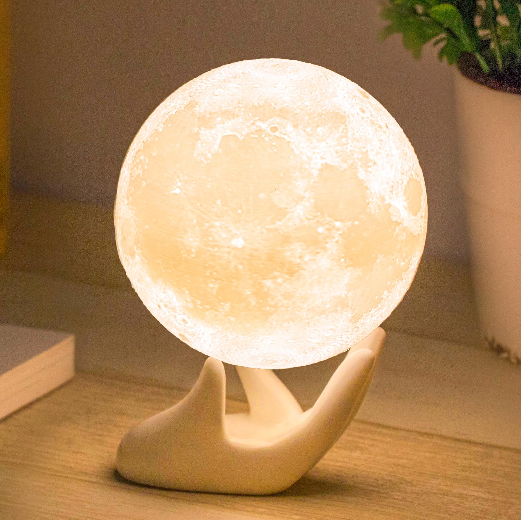 Mydethun 3D Moon Lamp With Ceramic Base, Gift For Lover, Led Night Light, Mood Lighting With Touch Control Brightness For Women,Home Décor, Bedroom, Kids Birthday, 3.5 Inch - White & Yellow