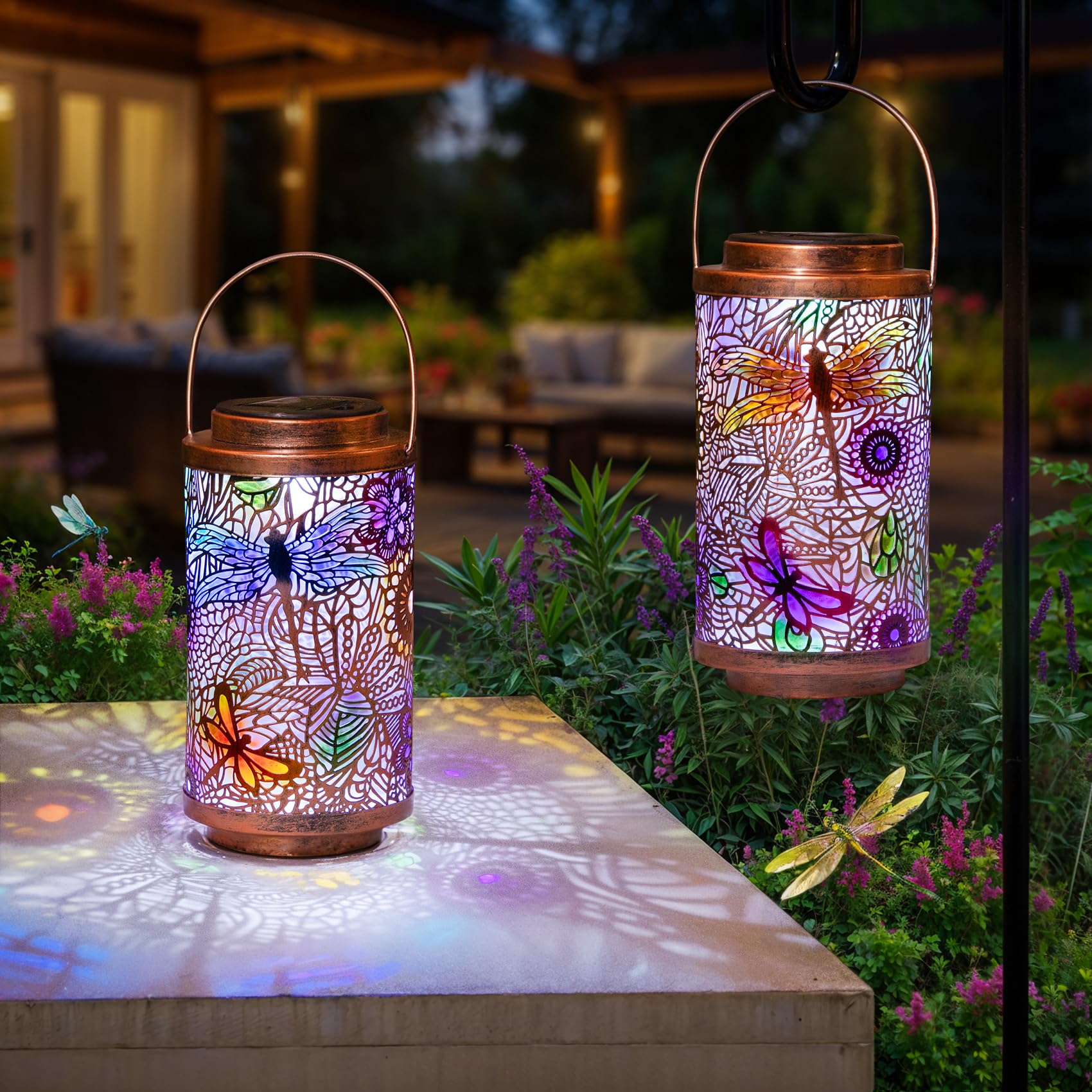 Go2Garden 2Pack Solar Outdoor Lanterns Waterproof Dragonfly Garden Gifts For Women Patio Decor Lights Metal Lantern For Yard, Ta