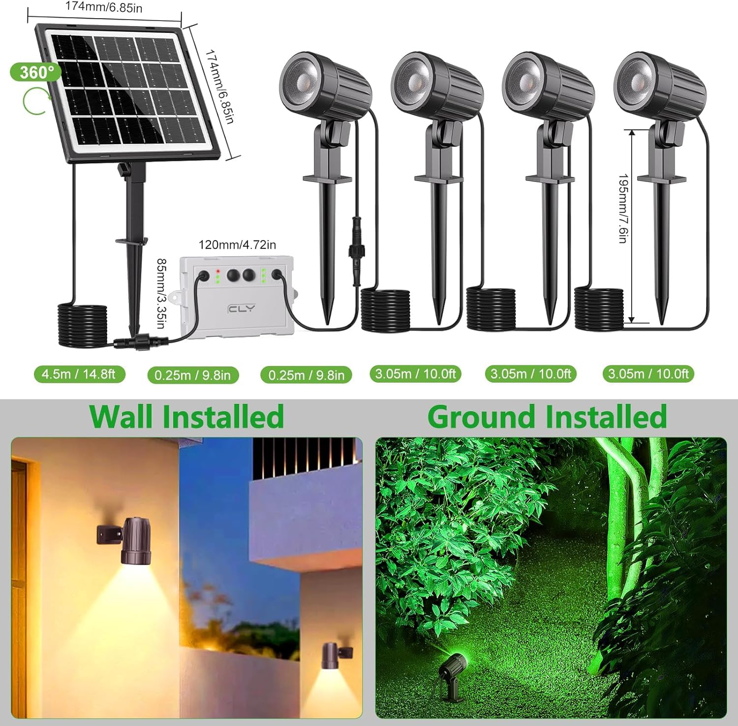 Cly 4-In-1 Solar Spot Lights Outdoor Color Changing  Solar Landscape Spotlights Rgb Lighting Ip66 Waterproof 45.93Ft Cable Auto On/Off Adjustable Garden Spotlight For Yard  Garden  Pool  Lawn  Statue