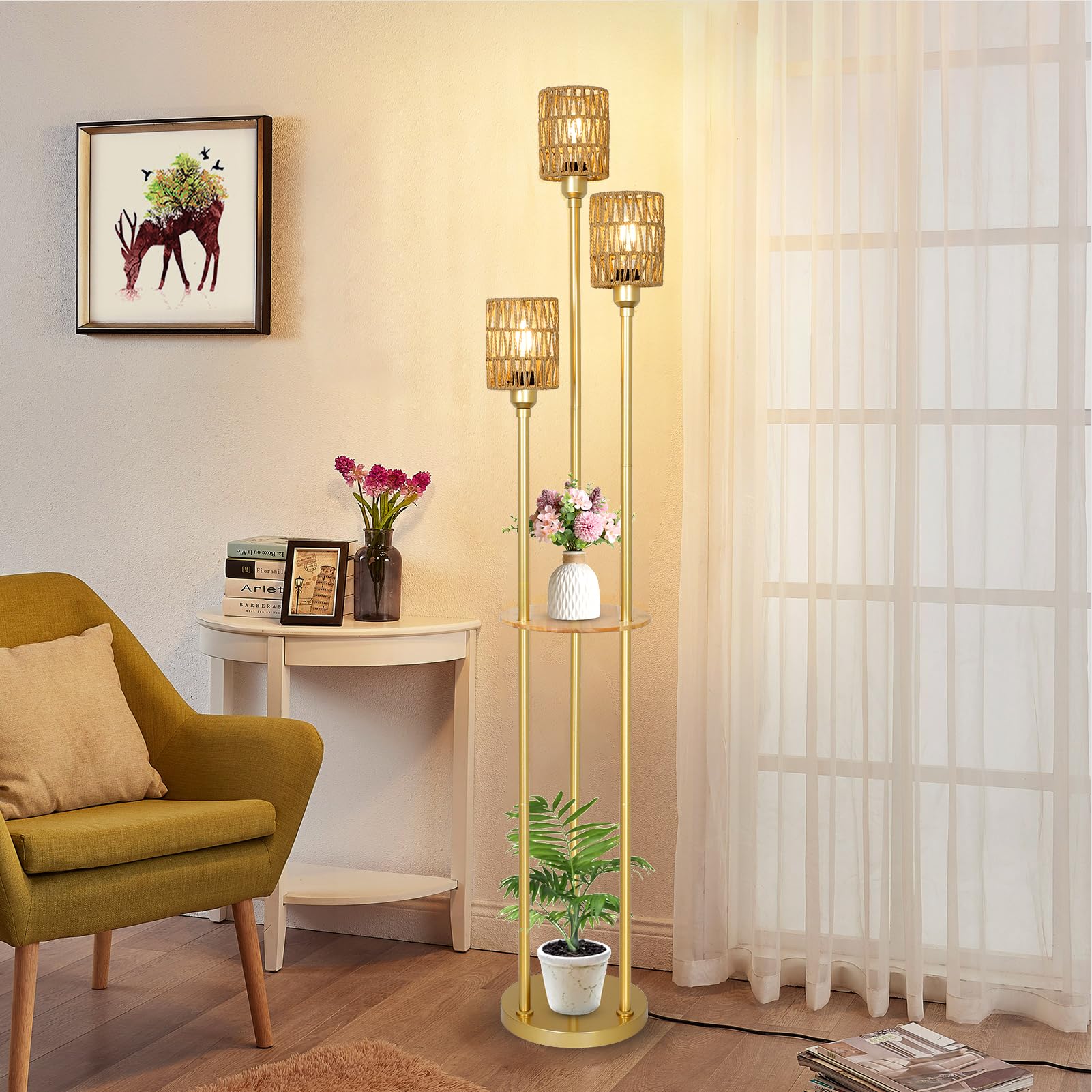 Stepeak Boho Floor Lamp With Shelves, 3-Lights Farmhouse Tall Floor Lamp With On/Off Foot Switch, Gold Modern Floor Lamps With R