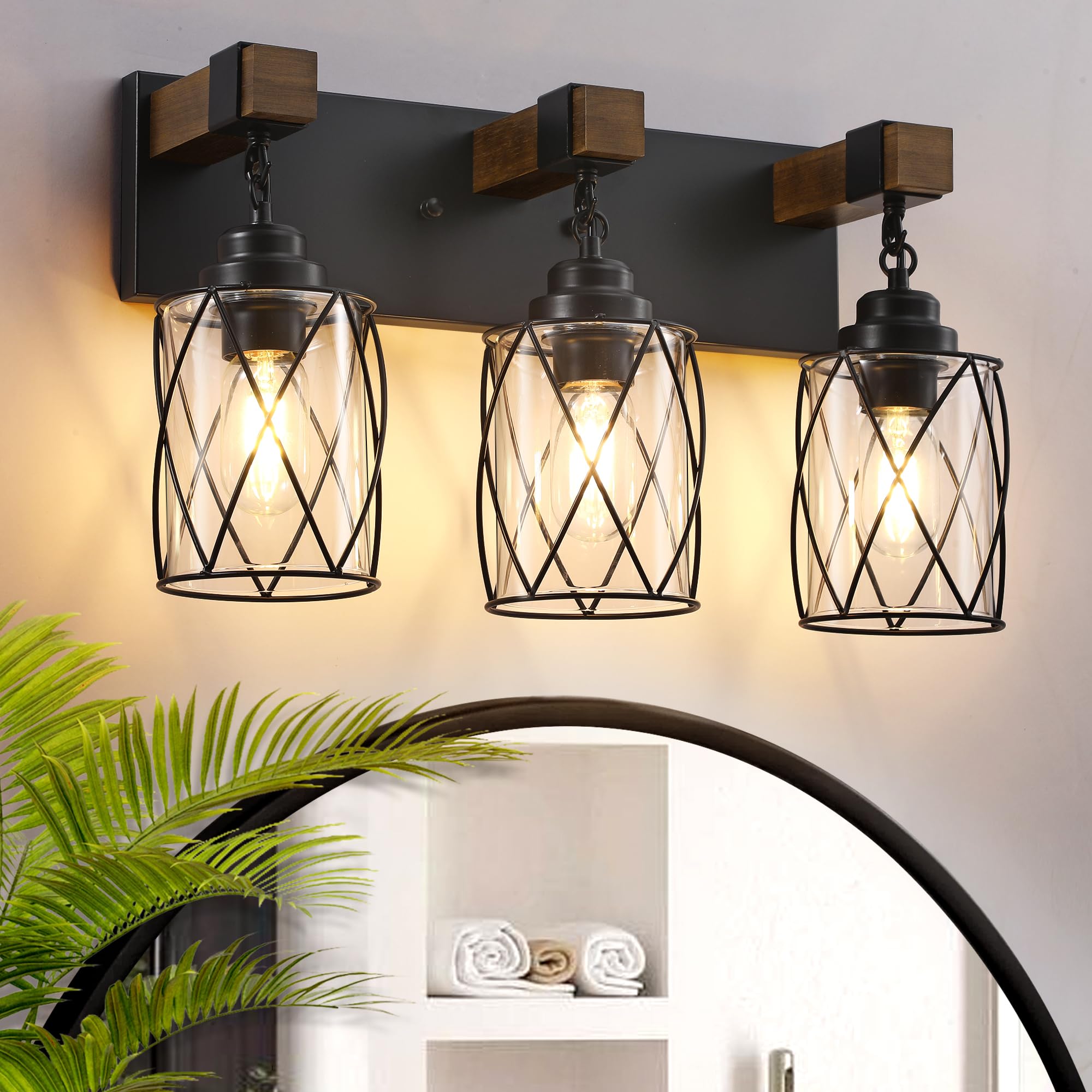 Farmhouse Bathroom Light Fixtures, 4 Light Bathroom Vanity Light with Metal and Glass Lampshade, Wood Rustic Lighting Fixtures O
