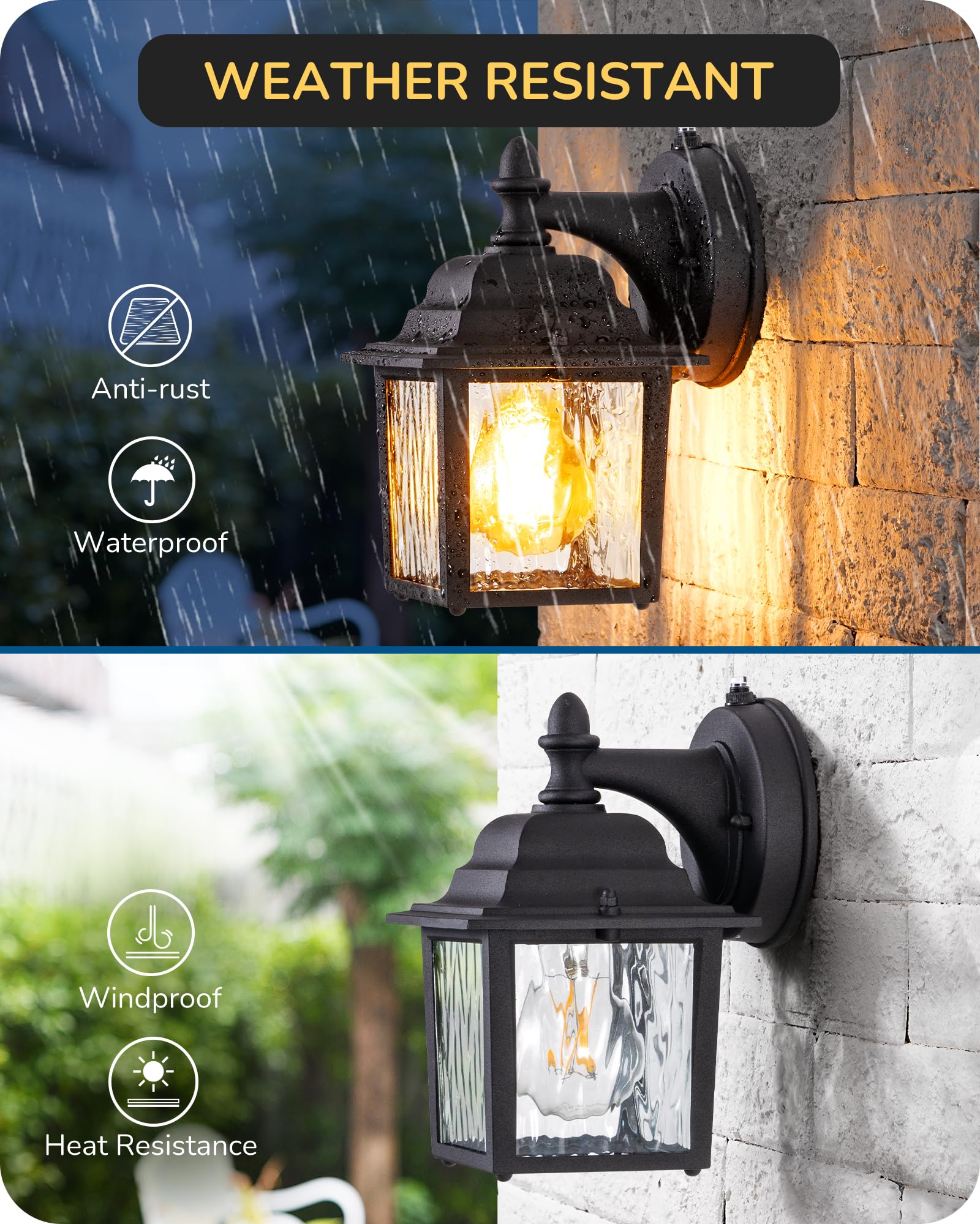 EDISHINE 2 Pack Outdoor Porch Light, Dusk to Dawn Exterior Lighting Fixtures, Modern Outdoor Wall Lights Fixture, Clear Water Ri