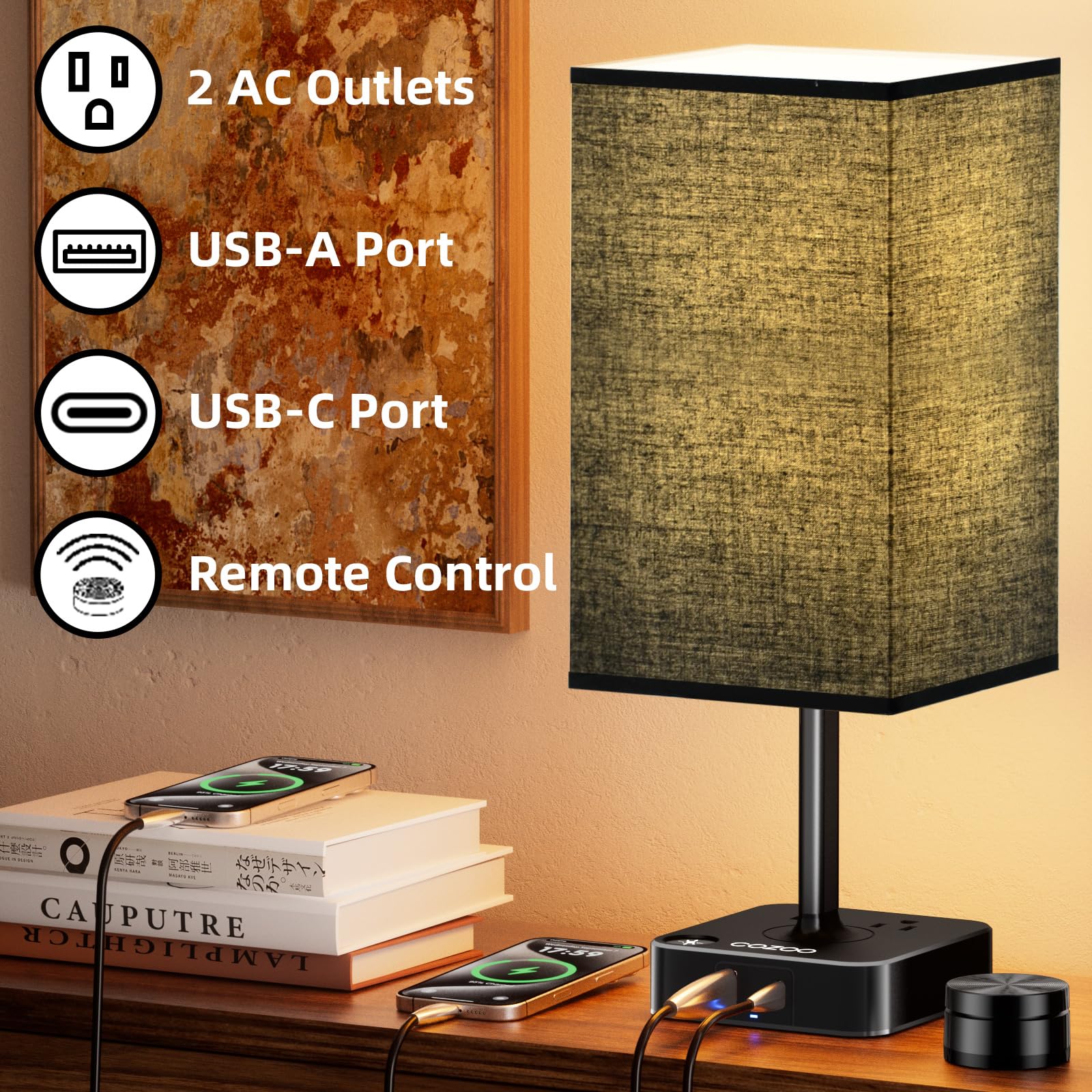 Cozoo Table Lamp with Remote Control, Dimmable, USB Charging, 2 AC Outlets, Standard Size, Black Shade, Model MC018S