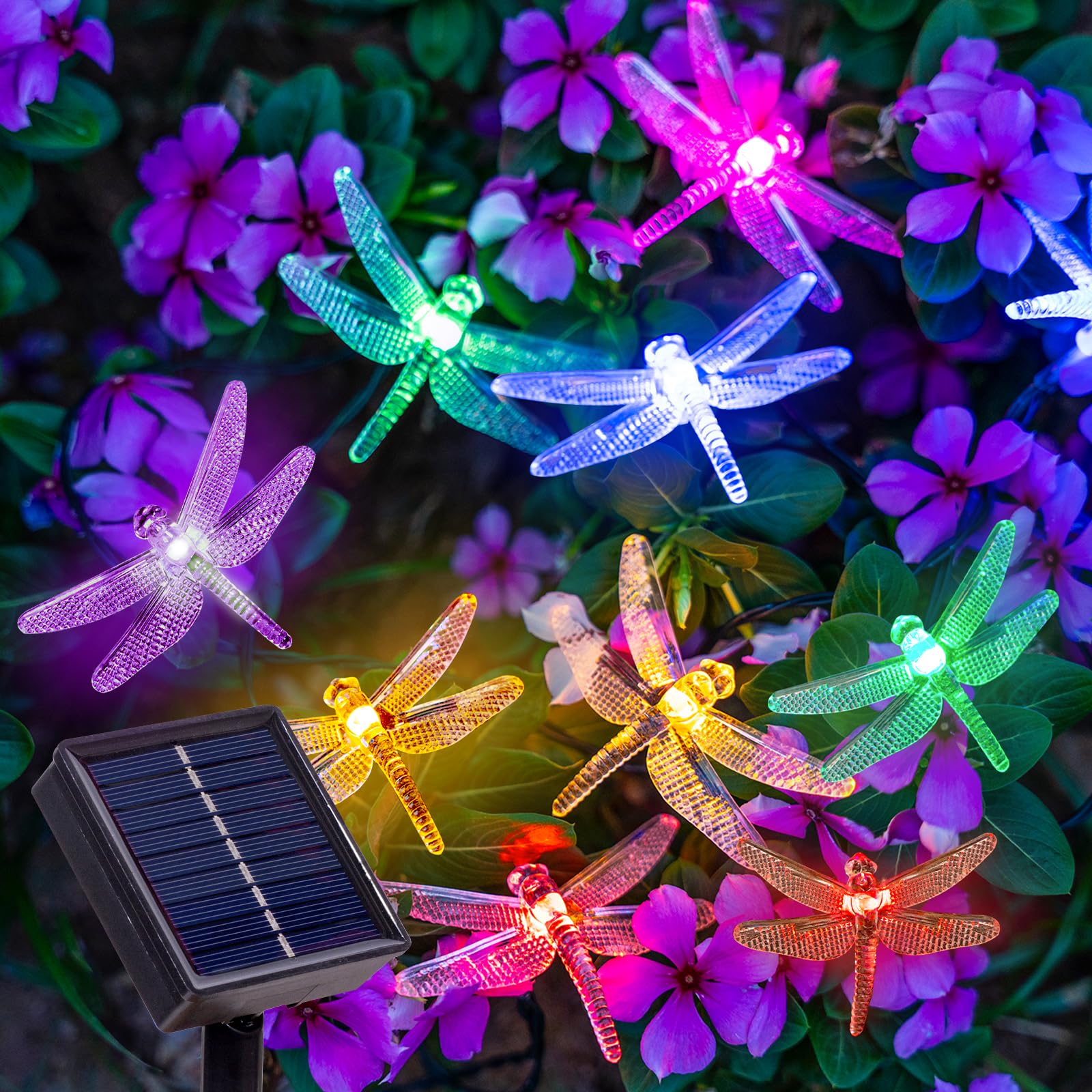 Tigrelight 25.9 FT Dragonfly Solar String Lights, 8 Modes Waterproof Multicolor Lights Outdoor, 20 LED Solar Powered Dragonflies