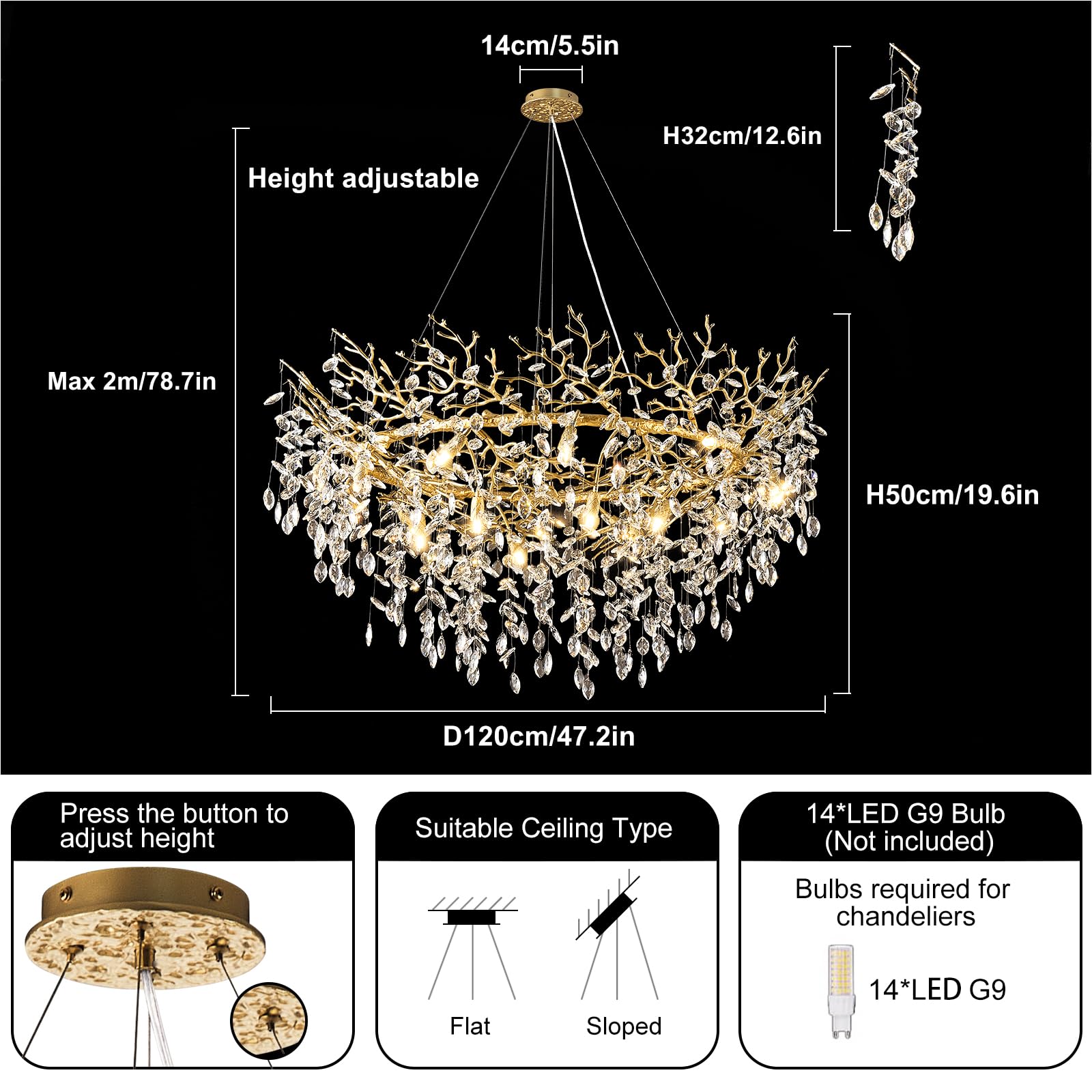 kvtinmty 14-Light Crystal Chandelier, 48" Round Gold Design, Modern Lighting for Dining Room, Living Room, Foyer, High Ceilings