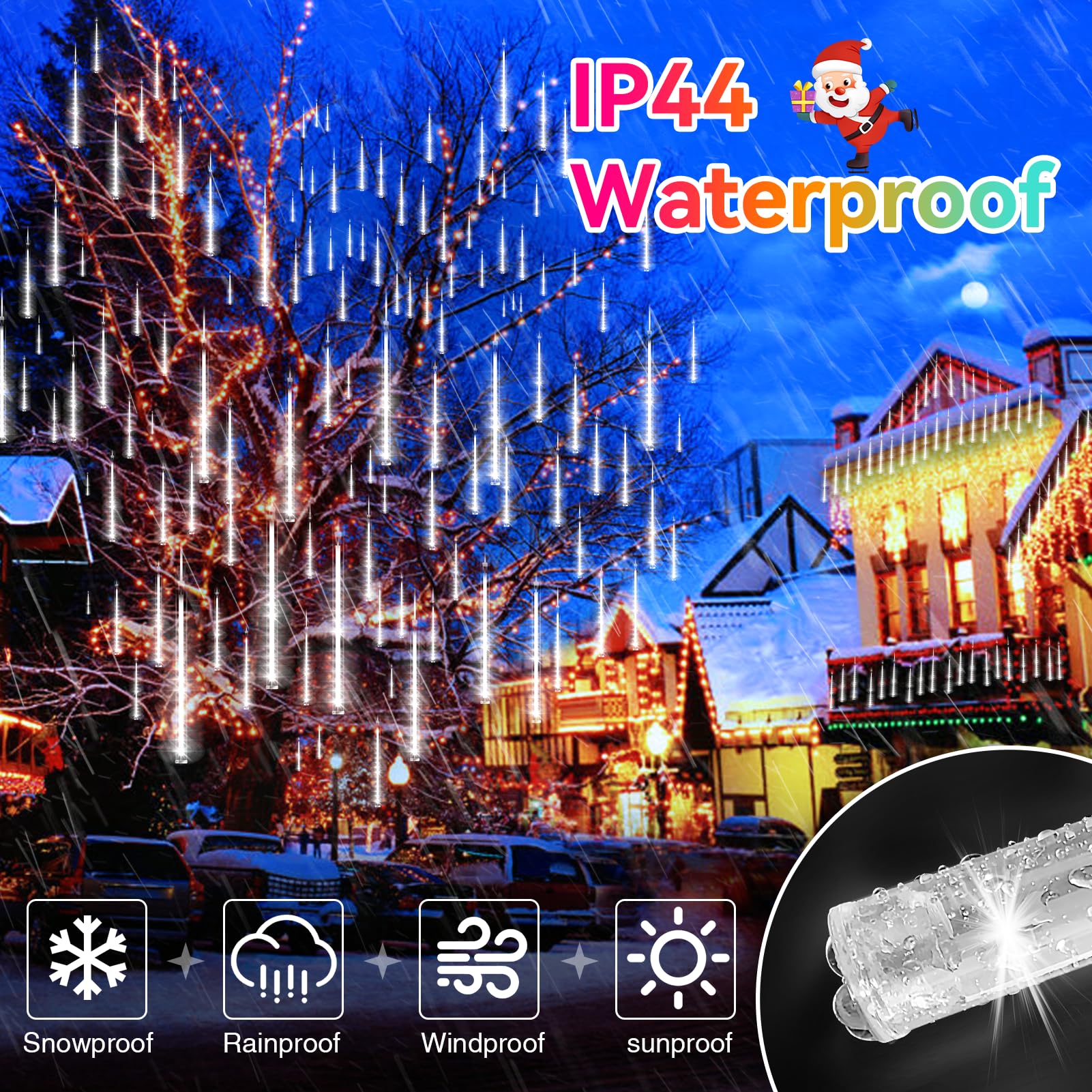 KNONEW 15in Outdoor Christmas Lights, 24 Tubes, 672 LED Cool White Meteor Shower Lights, Waterproof for Holiday Decorations