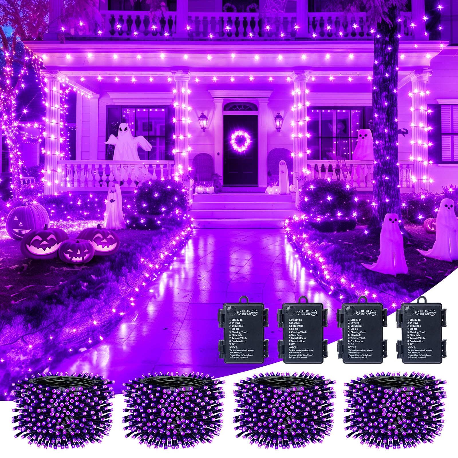 Brightown Battery Operated Christmas Lights, 200 LED, 66 FT, 8 Modes, Waterproof, Purple, 4 Pack, Model BHL-SL-200-8P-PUR