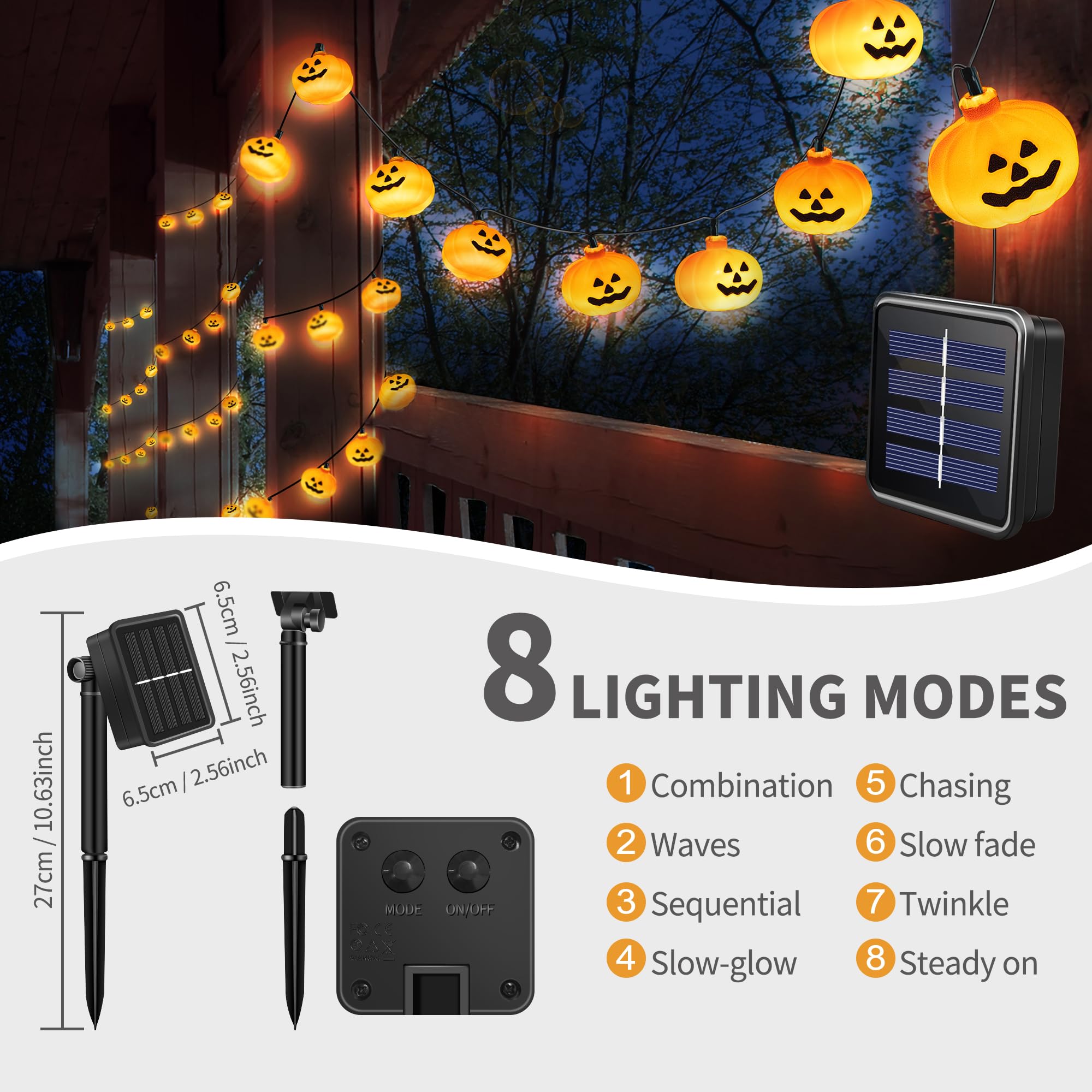 Varmax Solar Halloween Lights Outdoor 60 Leds, Halloween Pumpkin String Lights With 8 Lighting Modes, Halloween Outdoor Decorations 25.9 Ft For Porch, Window, Garden, Yard, Party