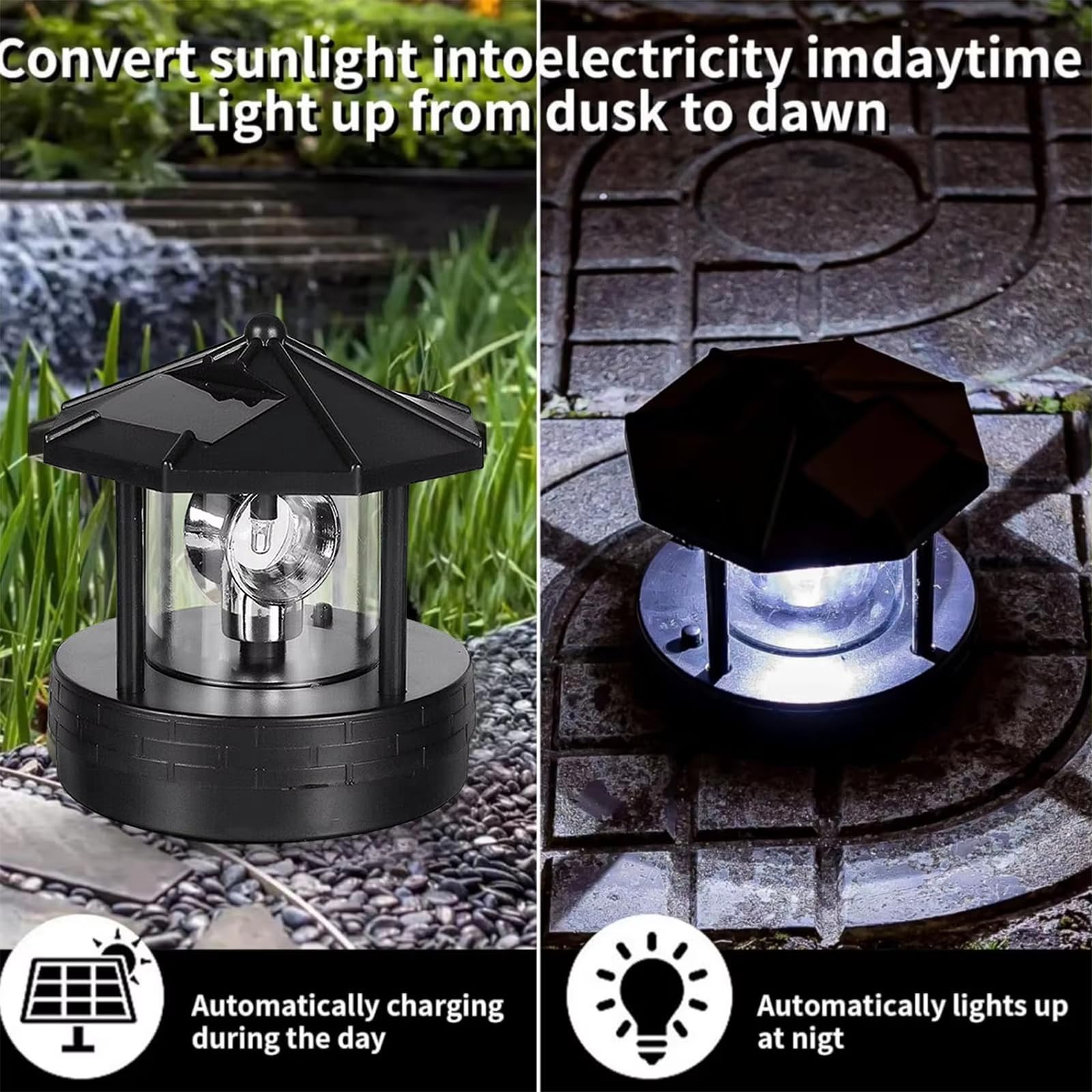 Vluoo Lighthouse Solar Lights 360 Degree Rotating Lighthouse Beacon Led Solar Lighthouse Light Outdoor Waterproof Led Solar Powered Lighthouse Garden Decor For Outside