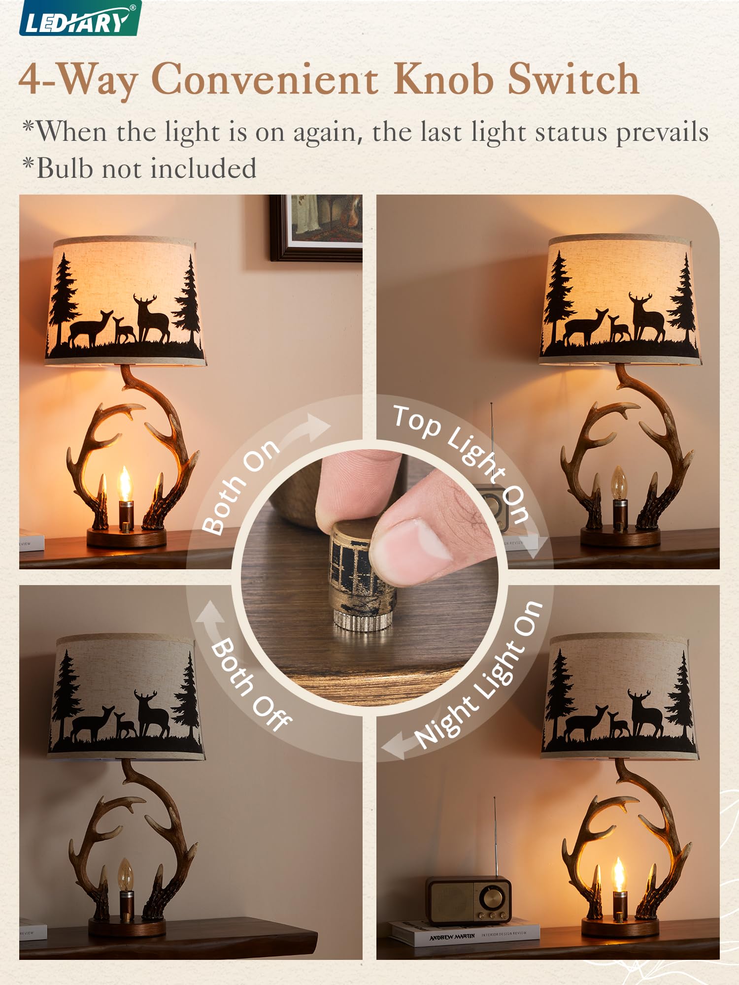 LEDIARY 23.8 Antler Table Lamps Set of 2 with Nightlight, 2 USB Ports Rustic Western Lamp with Deer Linen Fabric Shade, Cabin De