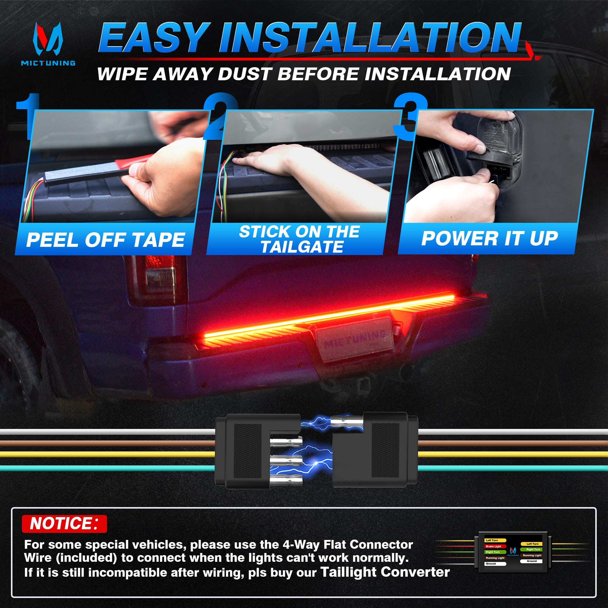 MICTUNING 48" Truck Tailgate Light Strip - Red LED, IP67 Waterproof, Sequential Turn Signal, Strobe & White Reverse Lighting