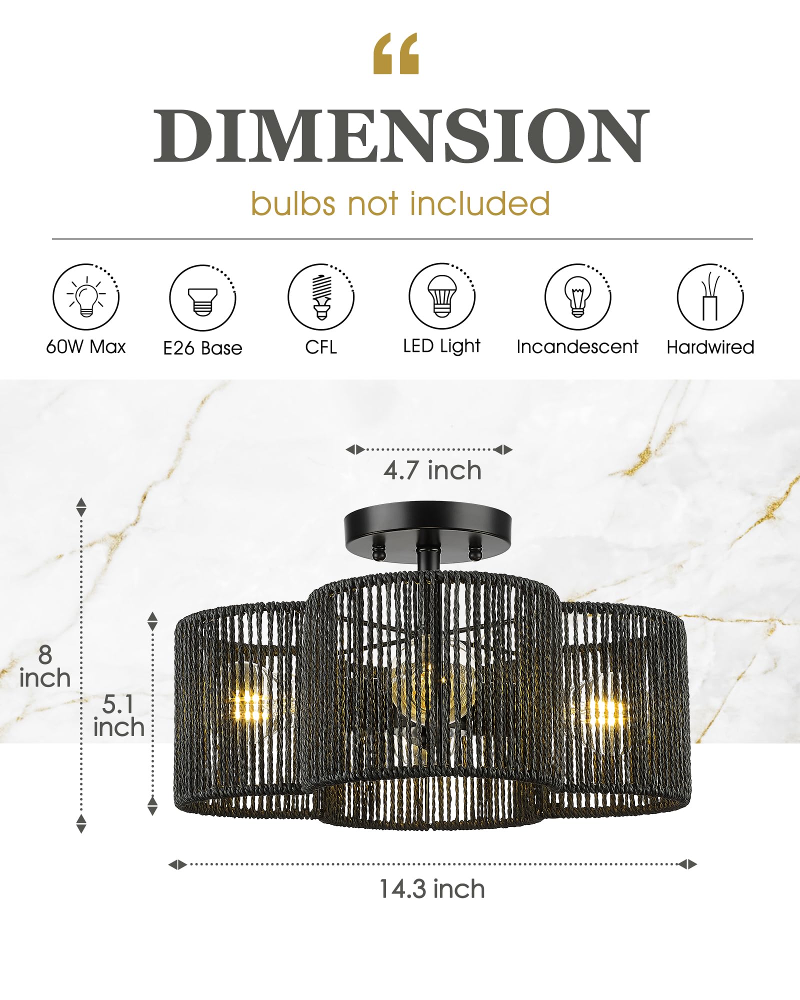 Audickic Rattan Ceiling Light Fixture, 4-Light Semi Flush Mount, 14in Black Hand-Woven Shade, Model AD-22007-4SF-RA-BK