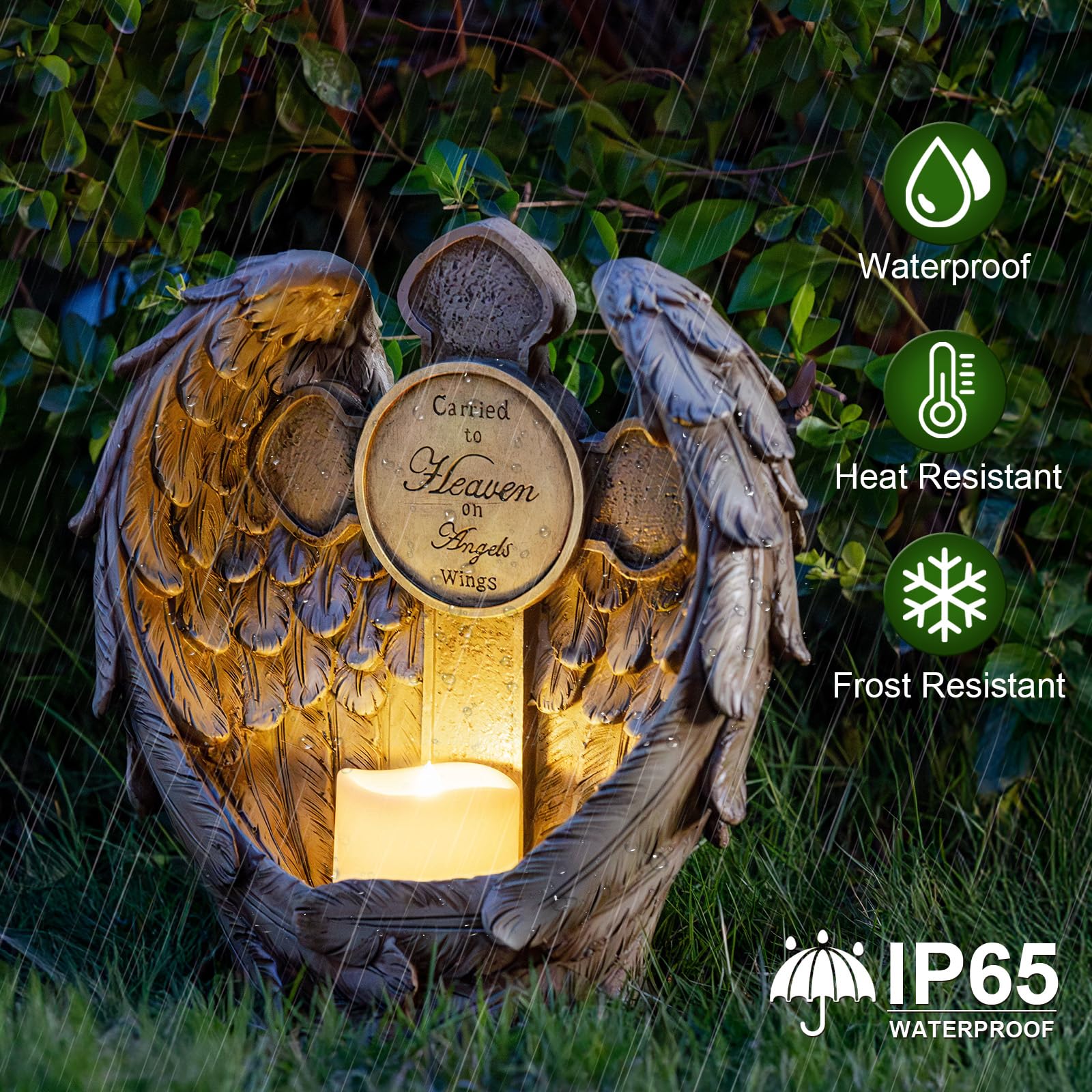 Candieslife Solar Angel Wing Cross Garden Lights, Waterproof Memorial Decor, 12" Resin, Angel Wings for Cemetery and Outdoor Use