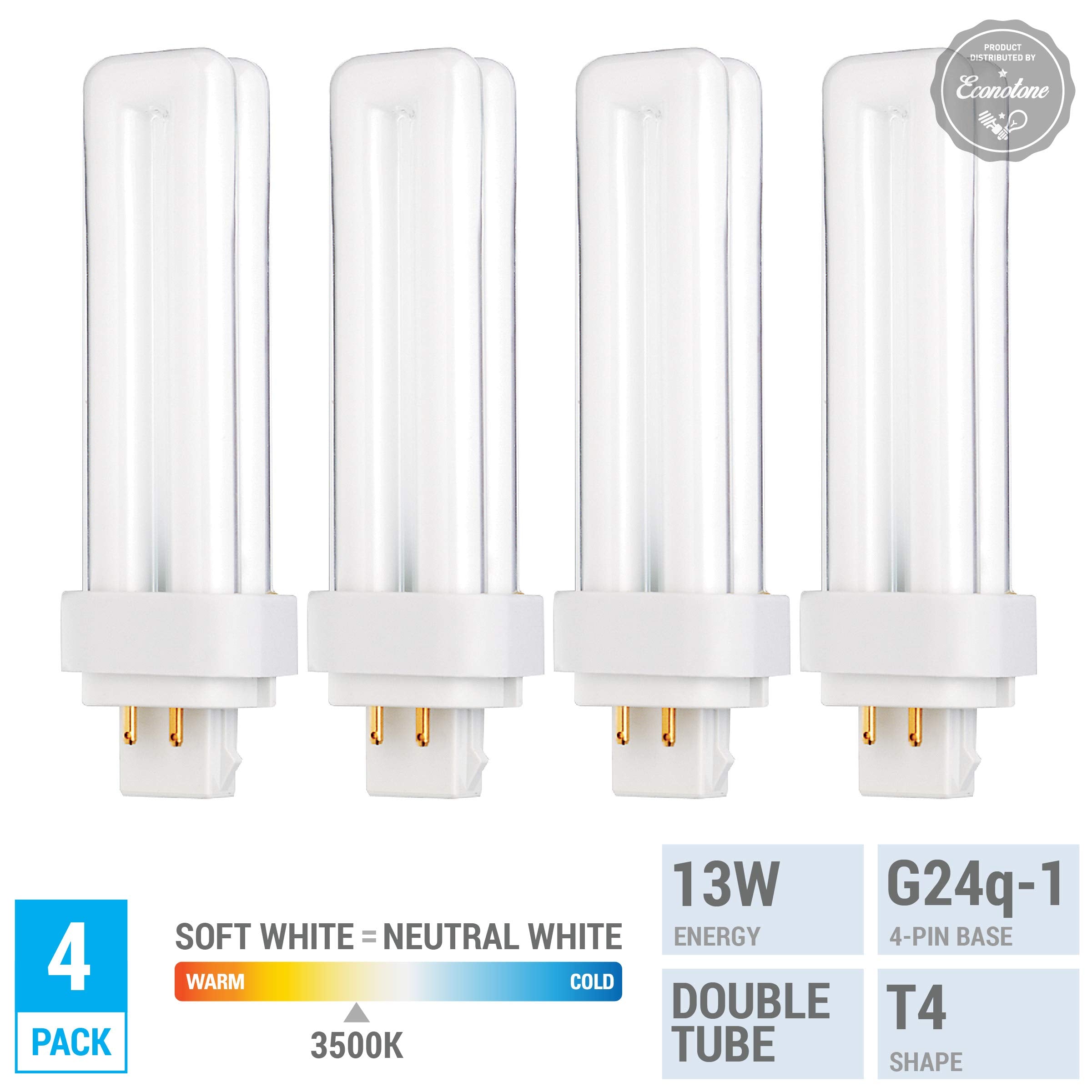 Kor (Pack Of 4) 13 Watt Double Tube - G24Q-1 (4 Pin) Base - 3500K Soft White - Cfl Light Bulb. Replaces Sylvania 20671 Cf13Dd/E/