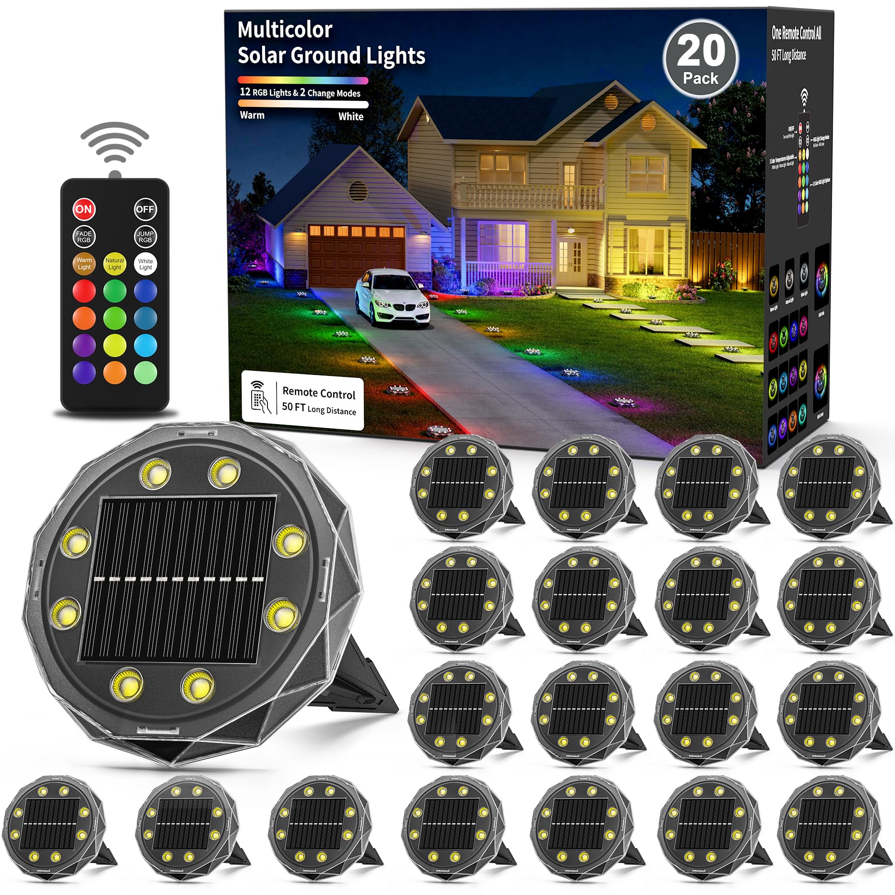 Hicotet Solar Ground Lights, IP67 Waterproof, 15 Multi-Color, 20 Pack, Black, Model LNM-CPD-01