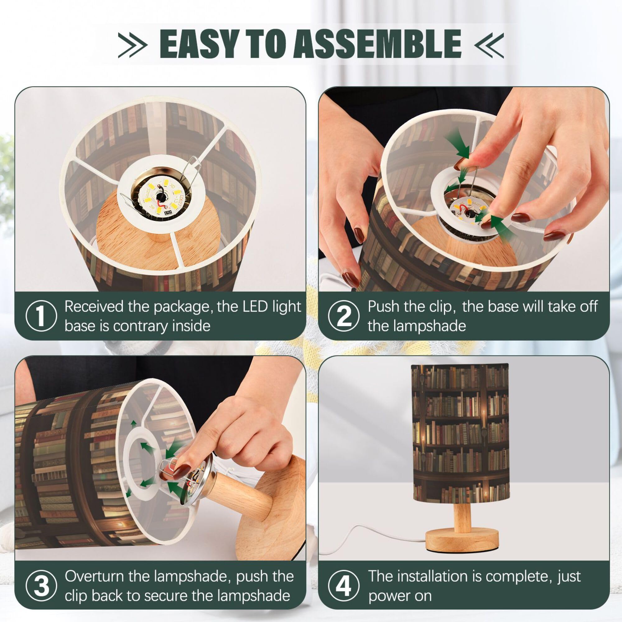 Yyzzh Table Lamp Library Bookshelf Book Candle Nightstand Lamp With Wood Base Fabric Lamp Shade Bedside Desk Lamp For Living Roo