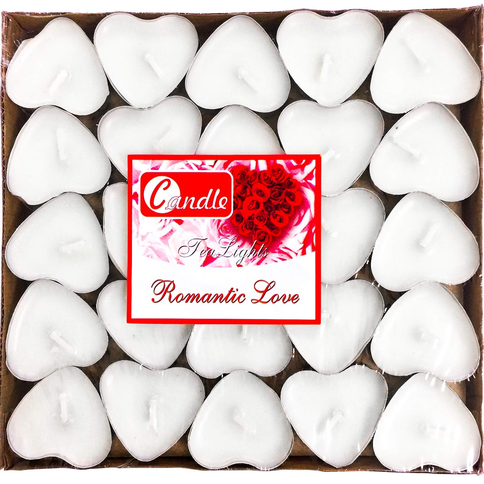 50Pack Heart Shaped Tealight Candles(25X2 Layers),Romantic Love Unscented Tea Lights Candles,Dripless & Long Lasting Smokeless M