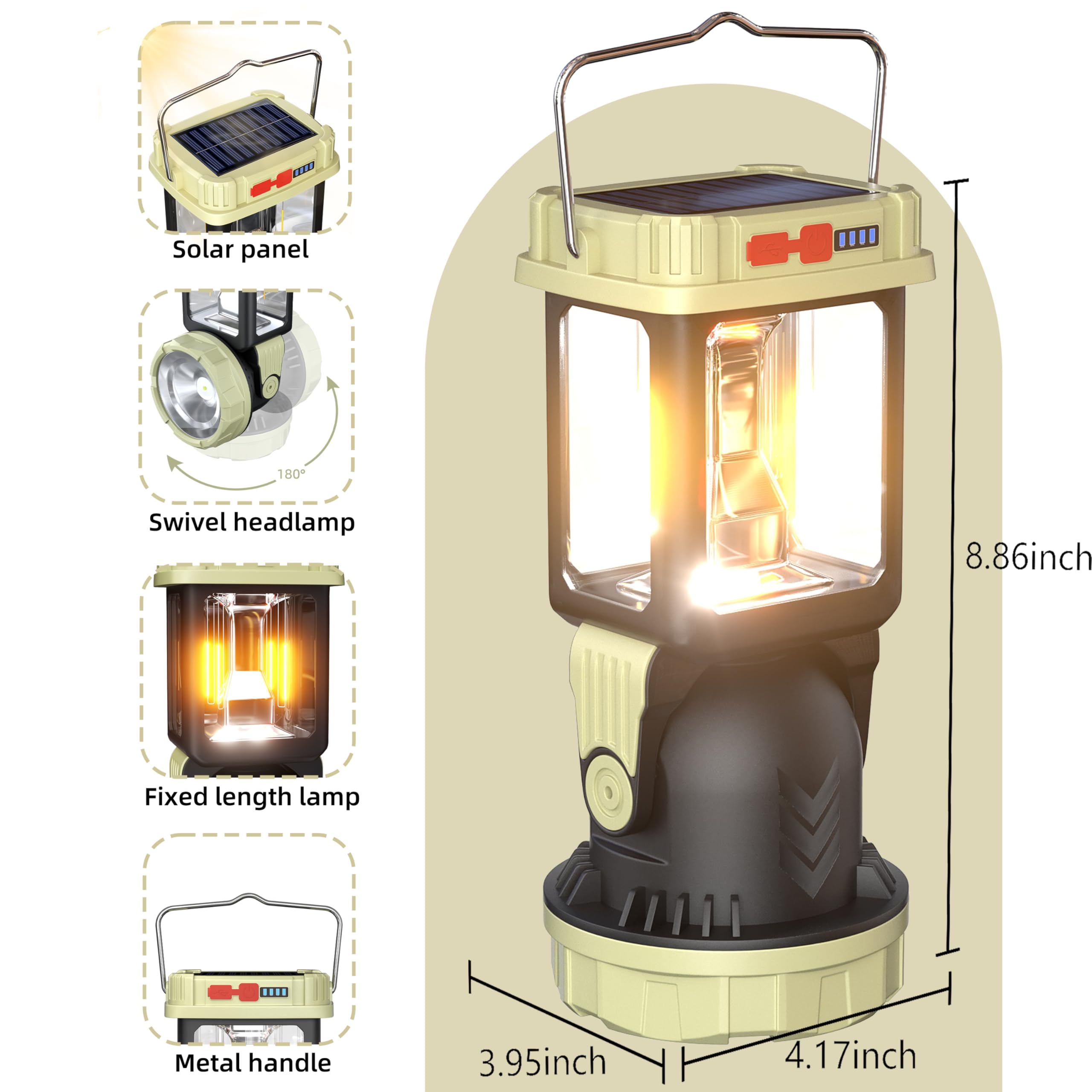 Homy Electric Lanterns Solar Charging Gray-Green Camping Essentials Led Lights And Rechargeable Flashlight Headlight + Big Light