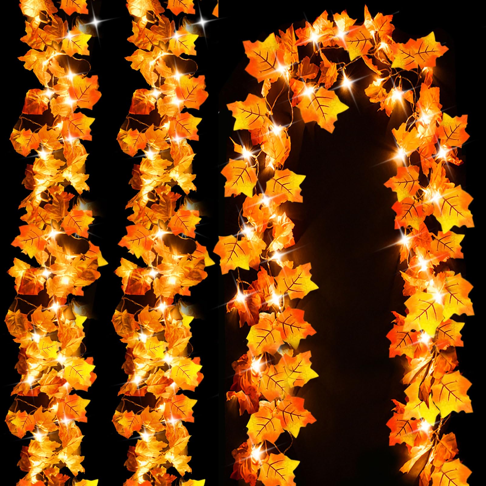 Luditek Lighted Fall Garland 24.6ft 60 LED Thanksgiving String Lights, Yellow/Orange, Model GT035, Artificial Leaves