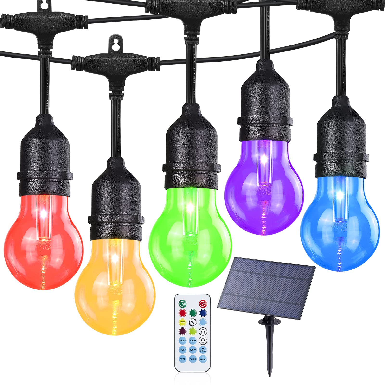 Auroraworld Outdoor String Lights RGB, 48FT Dimmable Patio String Lights with Shatterproof Edison Bulbs, Remote, Commercial Solar String Lights for Cafe, Patio, Yard, Party