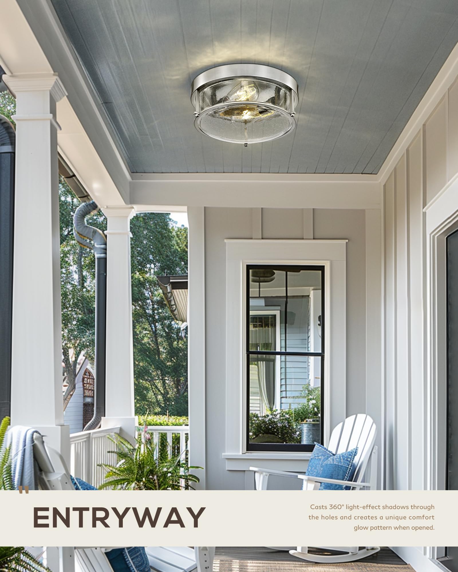 Femila Brushed Nickel Flush Mount Ceiling Light, 12'' Bedroom Ceiling Light, Modern Light Fixtures Ceiling, Seeded Glass, E26 Ba