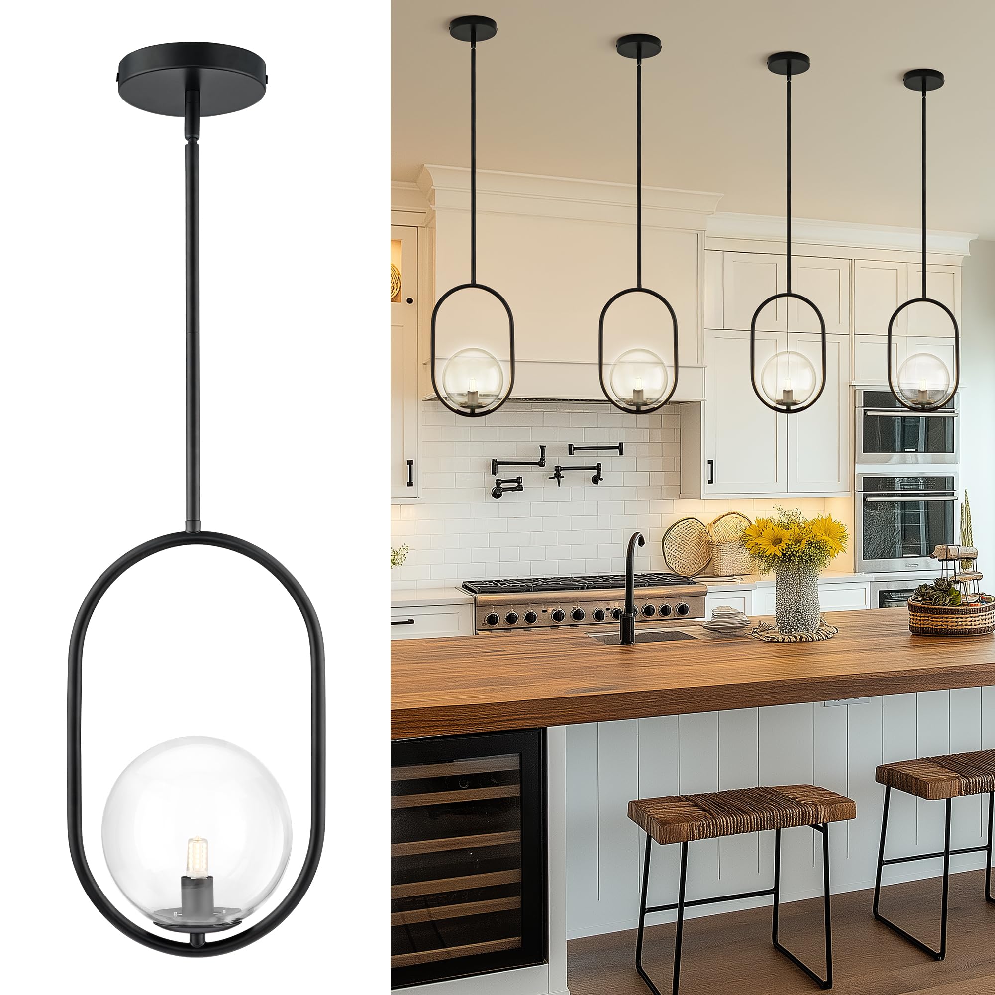 Autelo 1-Light Matte Black Pendant Lights Kitchen Island  Kitchen Pendant Lighting Over Island With Clear Globe Glass  Black Hanging Lamp With Adjustable Rod For Kitchen Island H9376 Clbk