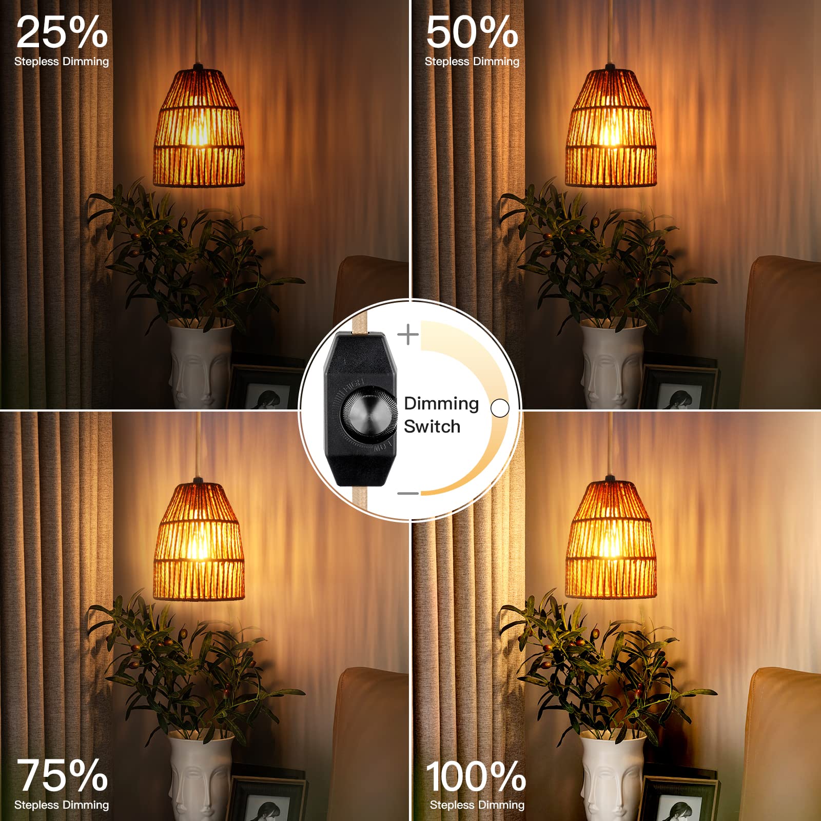 Cinkeda Plug In Pendant Light With Dimming Switch, Boho Hemp Shade & 15Ft Golden Cord