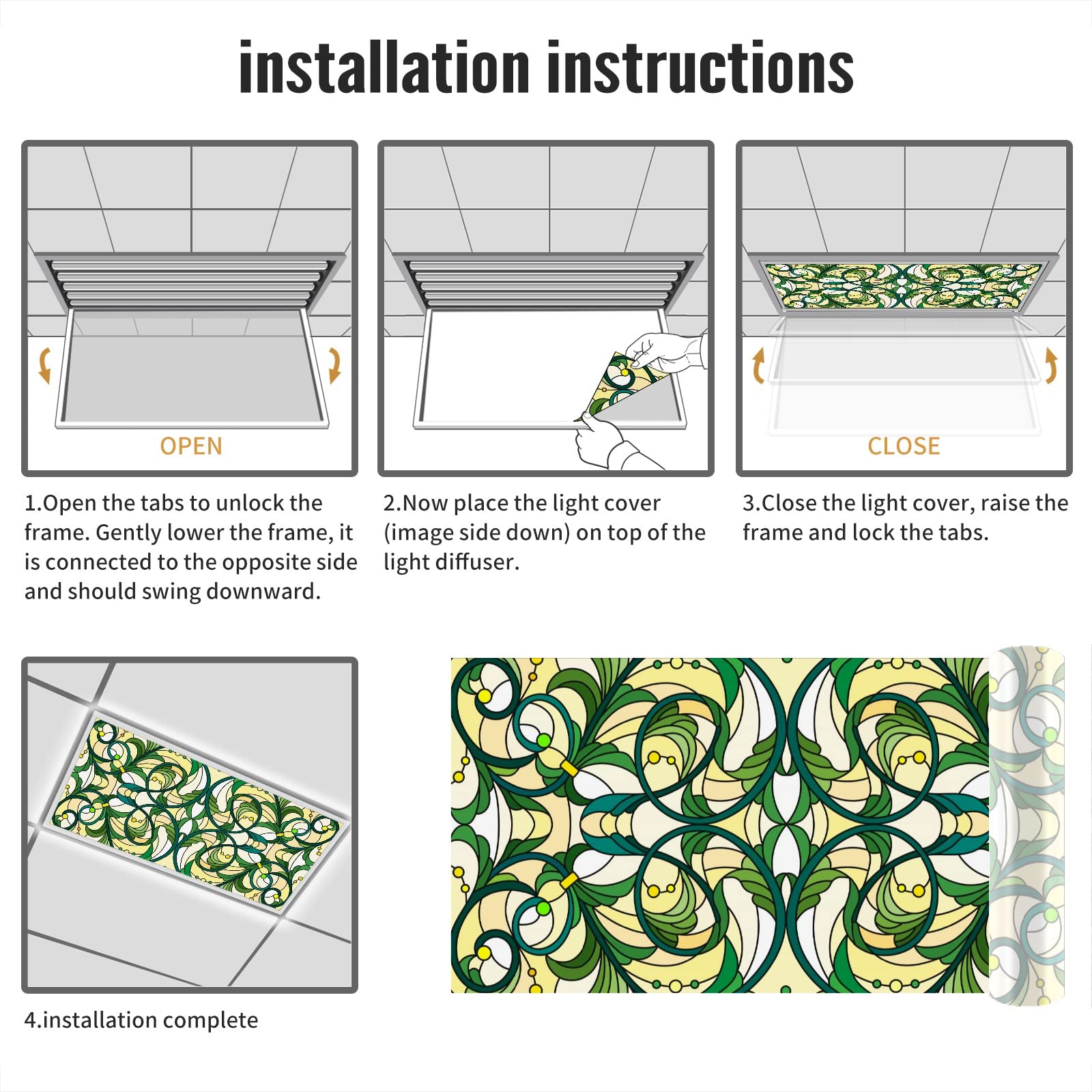 Msinmkok Stained Glass Green Floral Pattern - Fluorescent Light Covers - 2X4 Drop Ceiling Fluorescent Decorative Ceiling Light C