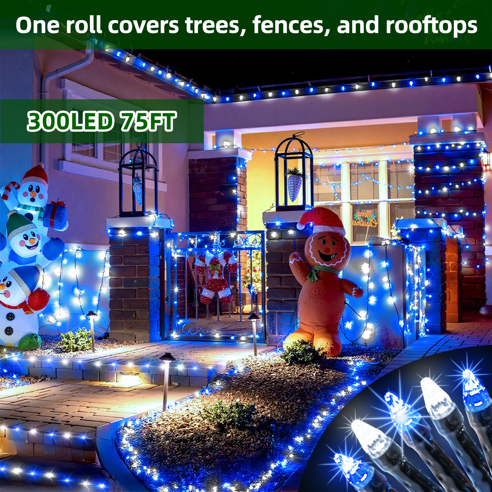 300Led Christmas Lights Outdoor Indoor Use  12 Lighting Modes 75Ft Christmas Tree Lights With Timer  Dimmable Blue Cool White Led Stringlights Waterproof For Yard Wedding Party Holiday Blue&Coolwhite