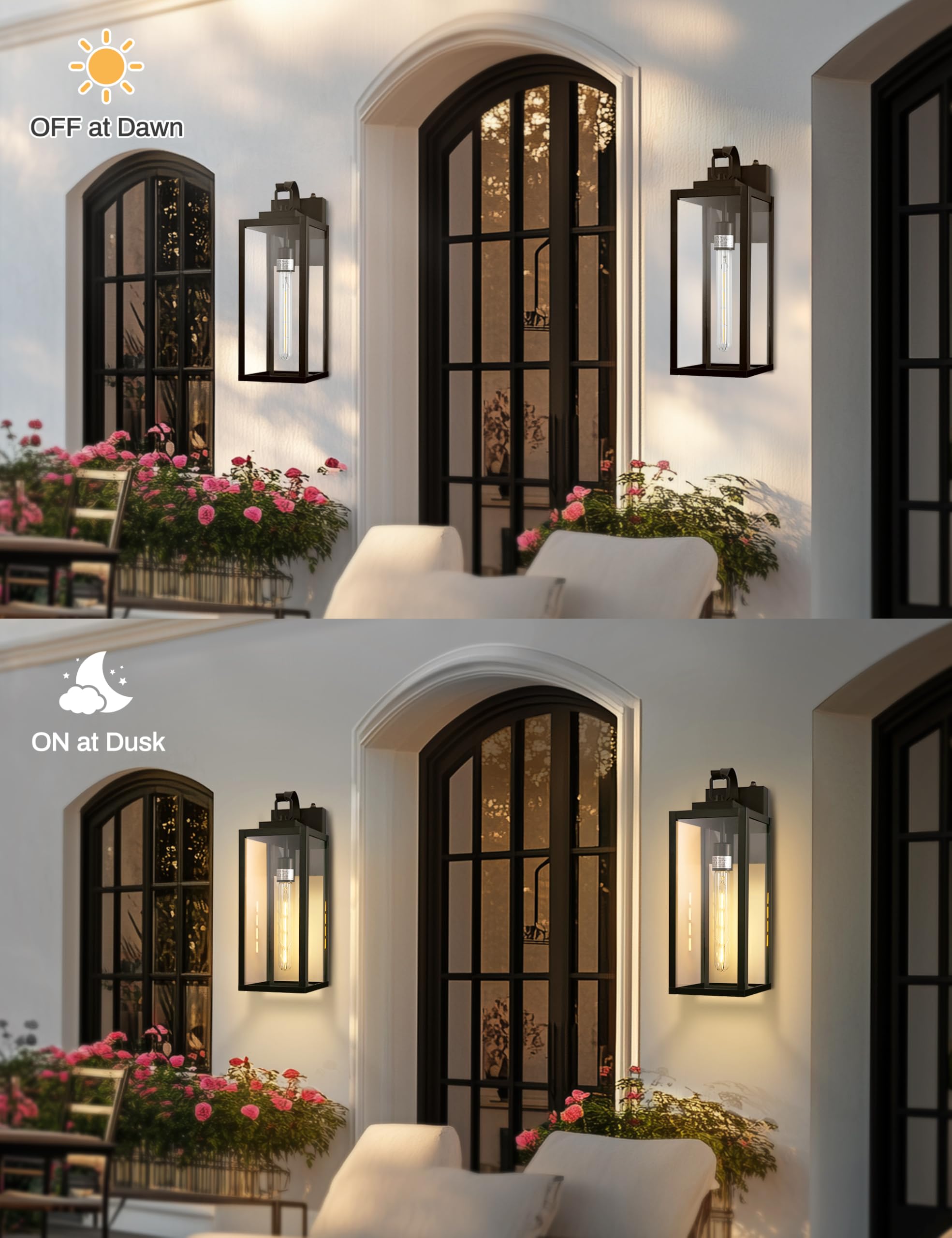 DORESshop 18 Inch Dusk to Dawn Outdoor Wall Lights, Matte Black, Waterproof Anti-Rust, 2 Pack, Clear Glass Shade