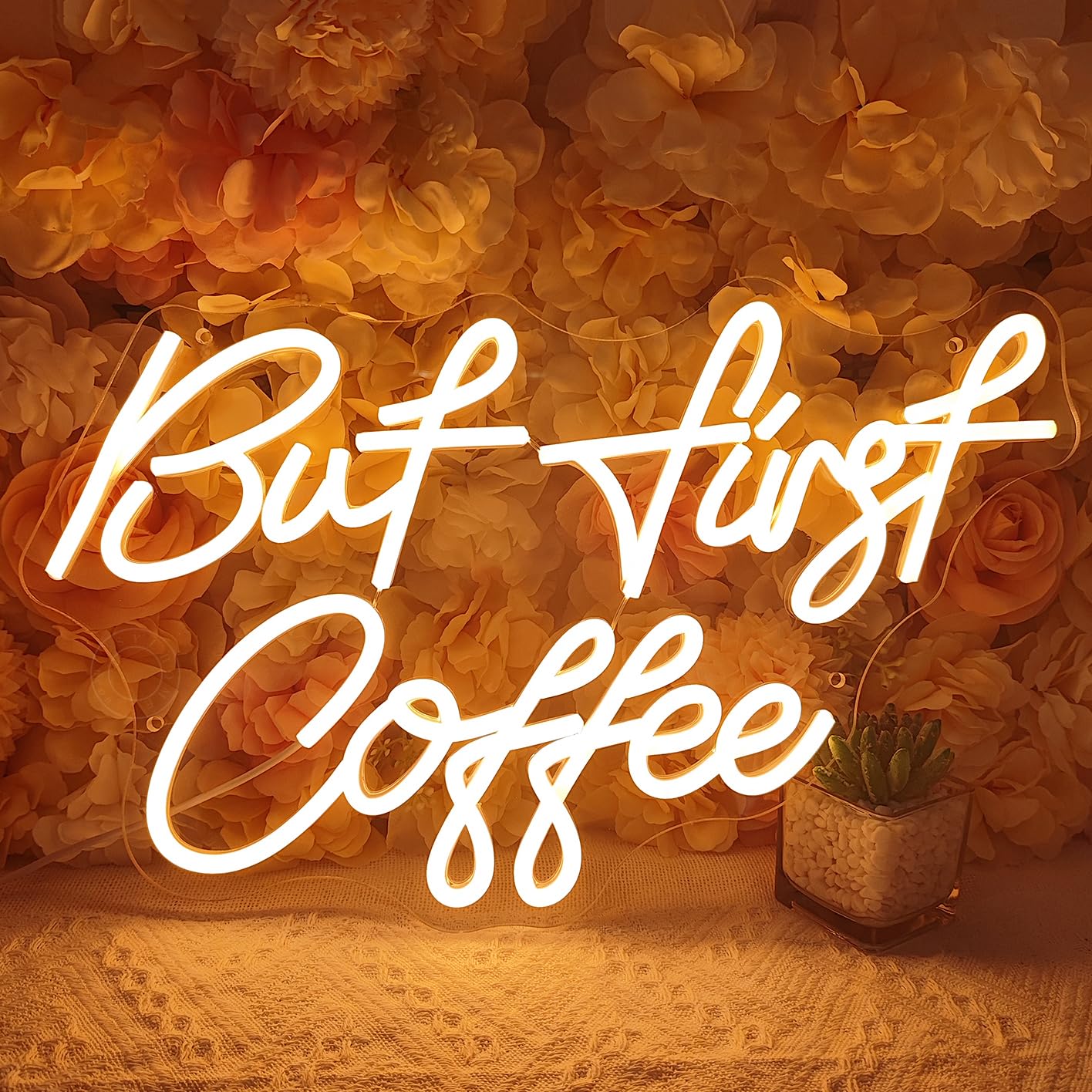 SYLHOME Neon Light Sign, inBut First Coffeein, Warm White, USB Powered, 17in x 10.2in, Model NS-ZF12V-AMZ-ButFirstCoffee-WW